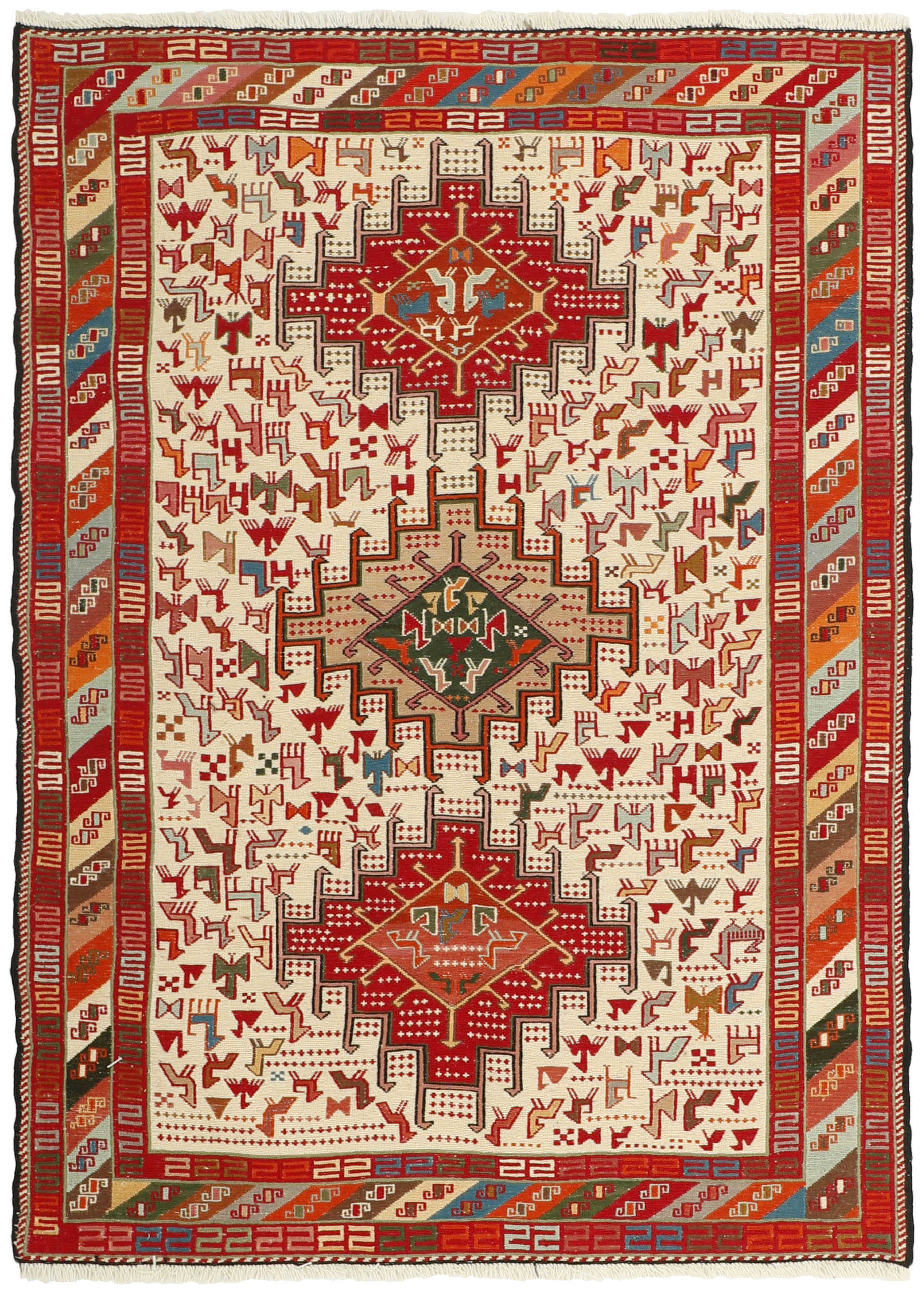 Bordered red and cream Soumak rug with multicolour animal pattern
