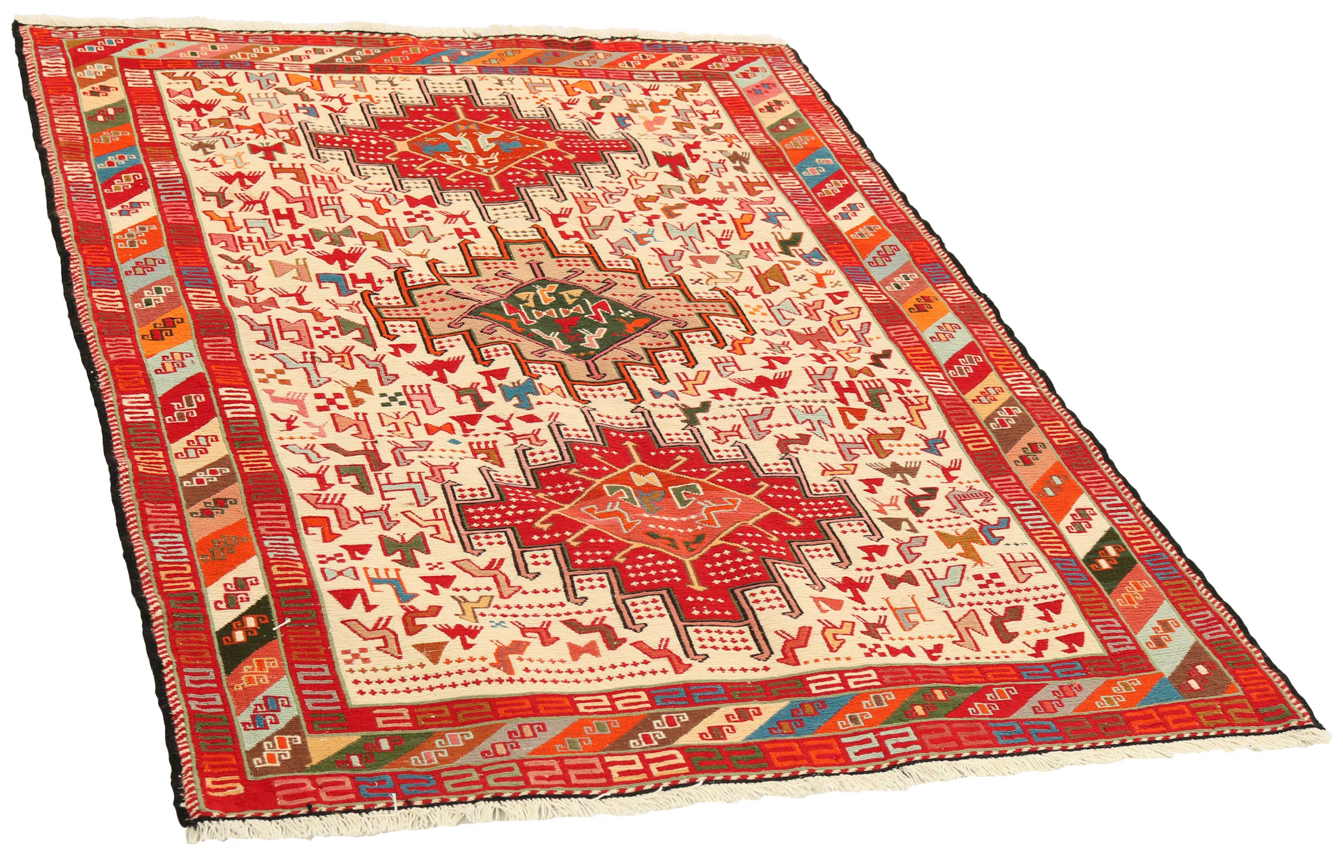 Bordered red and cream Soumak rug with multicolour animal pattern
