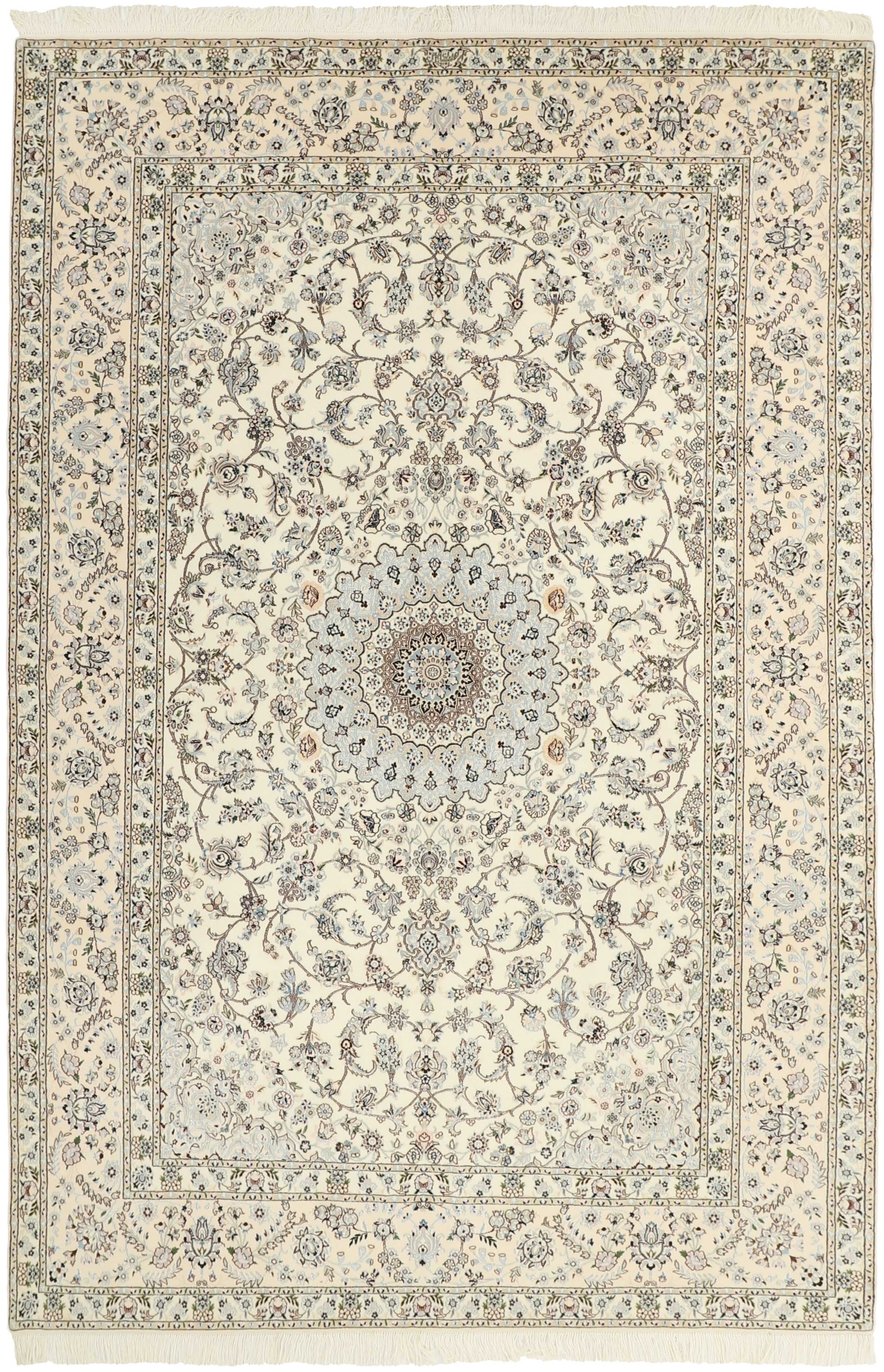 Authentic oriental rug with traditional floral design in cream, red and blue