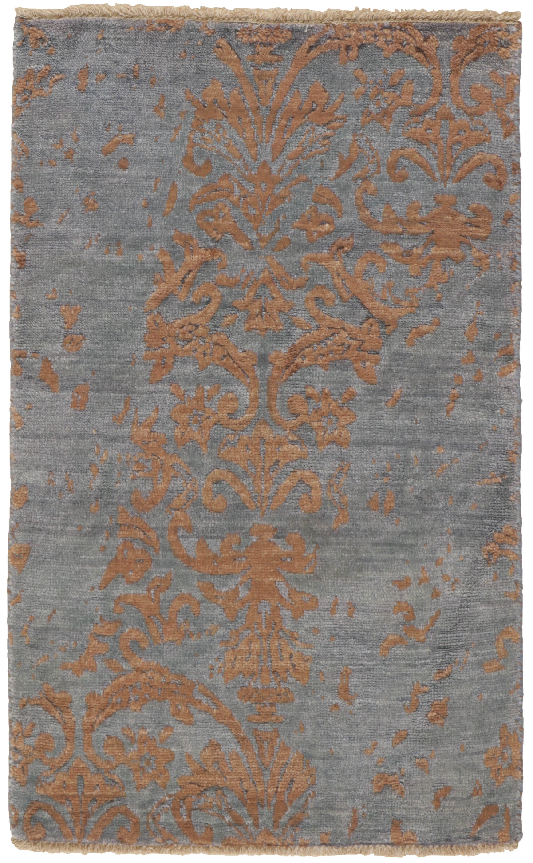 Authentic oriental rug with a damask pattern in blue, brown and grey