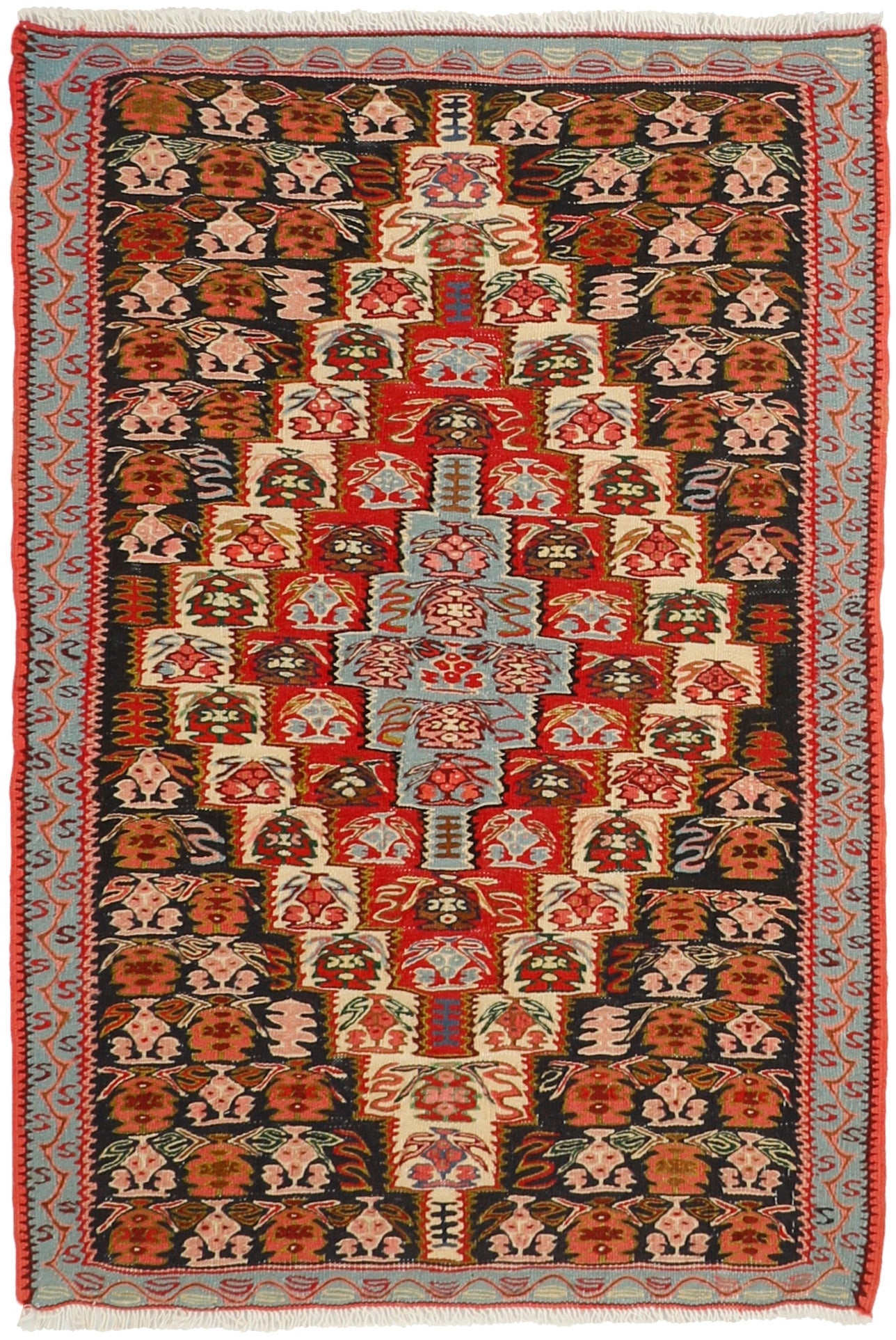 Rectangular natural beige rug with terracotta red, grey and black aztec design and black tassel border