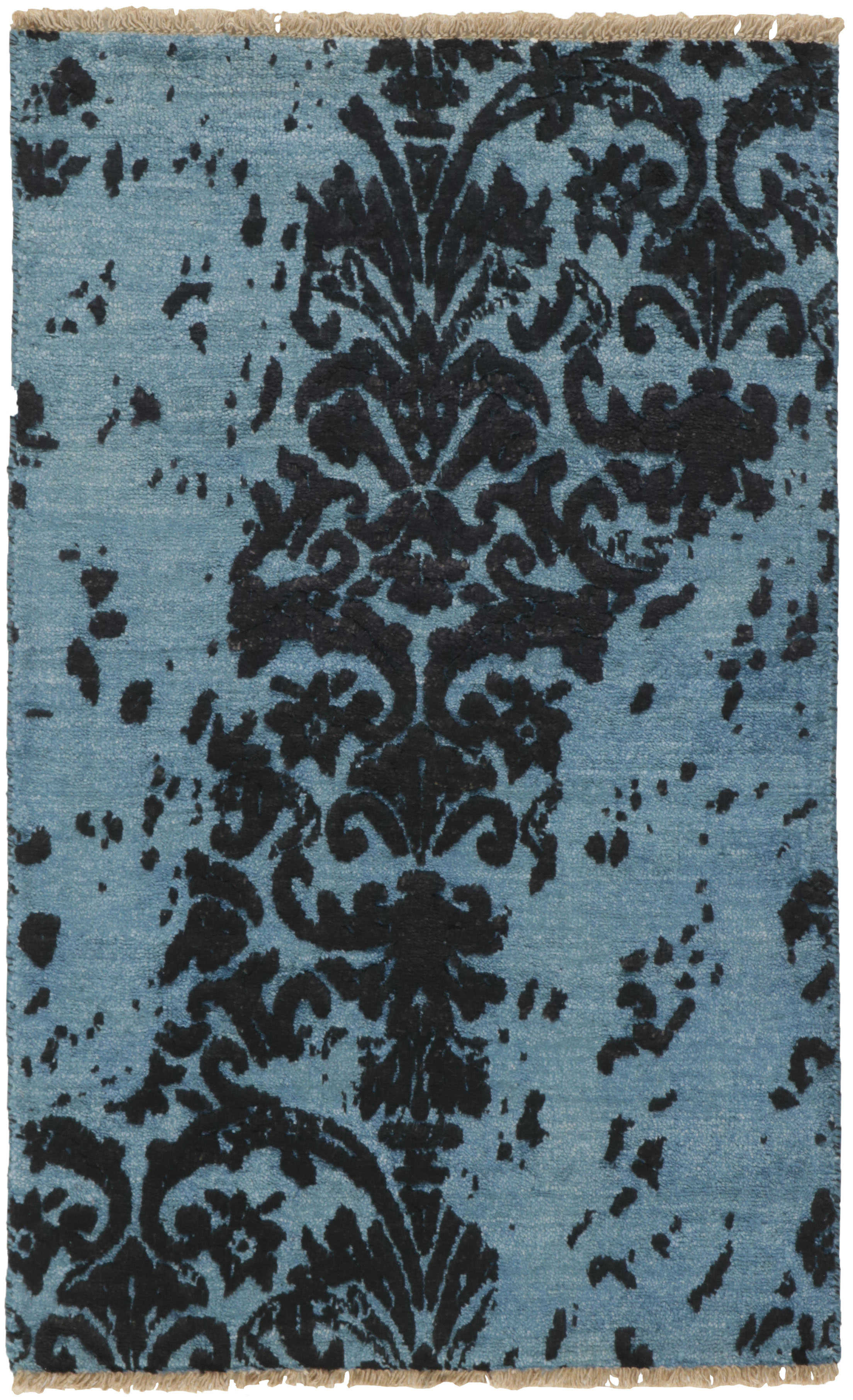 Authentic oriental rug with a damask pattern in blue and black