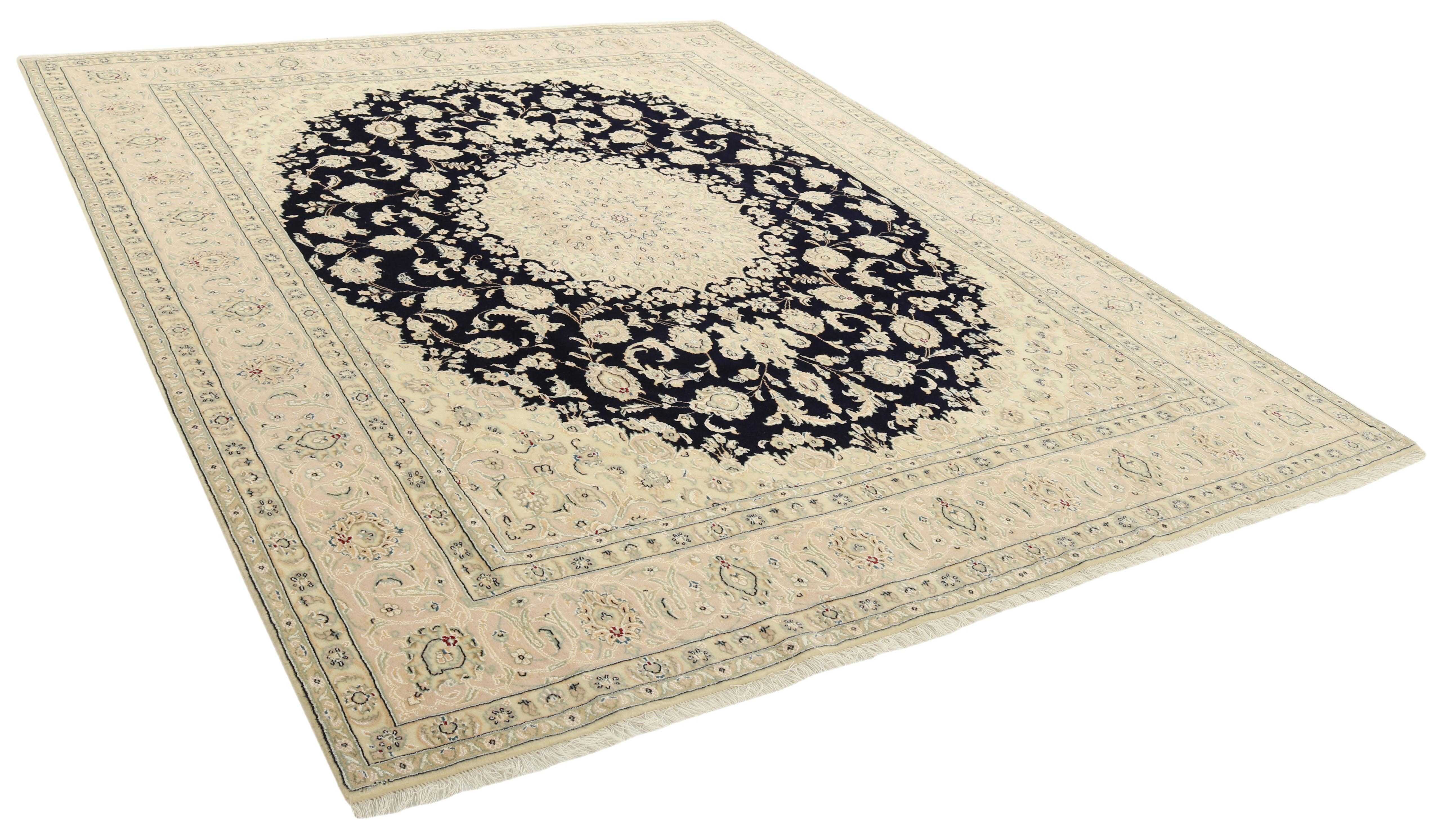 Authentic oriental rug with traditional floral design in ivory and beige