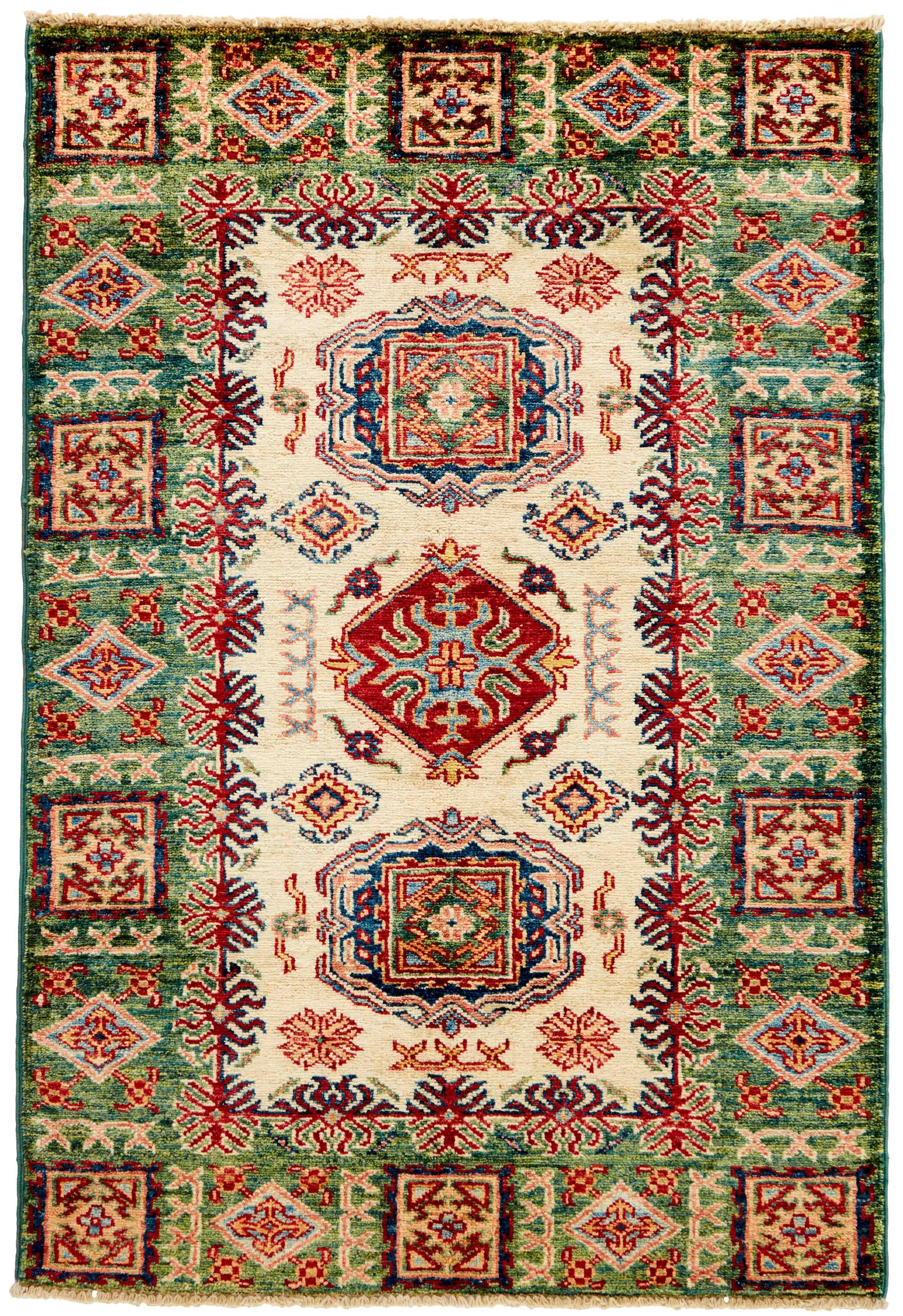 Authentic oriental rug with green and black traditional geometric design