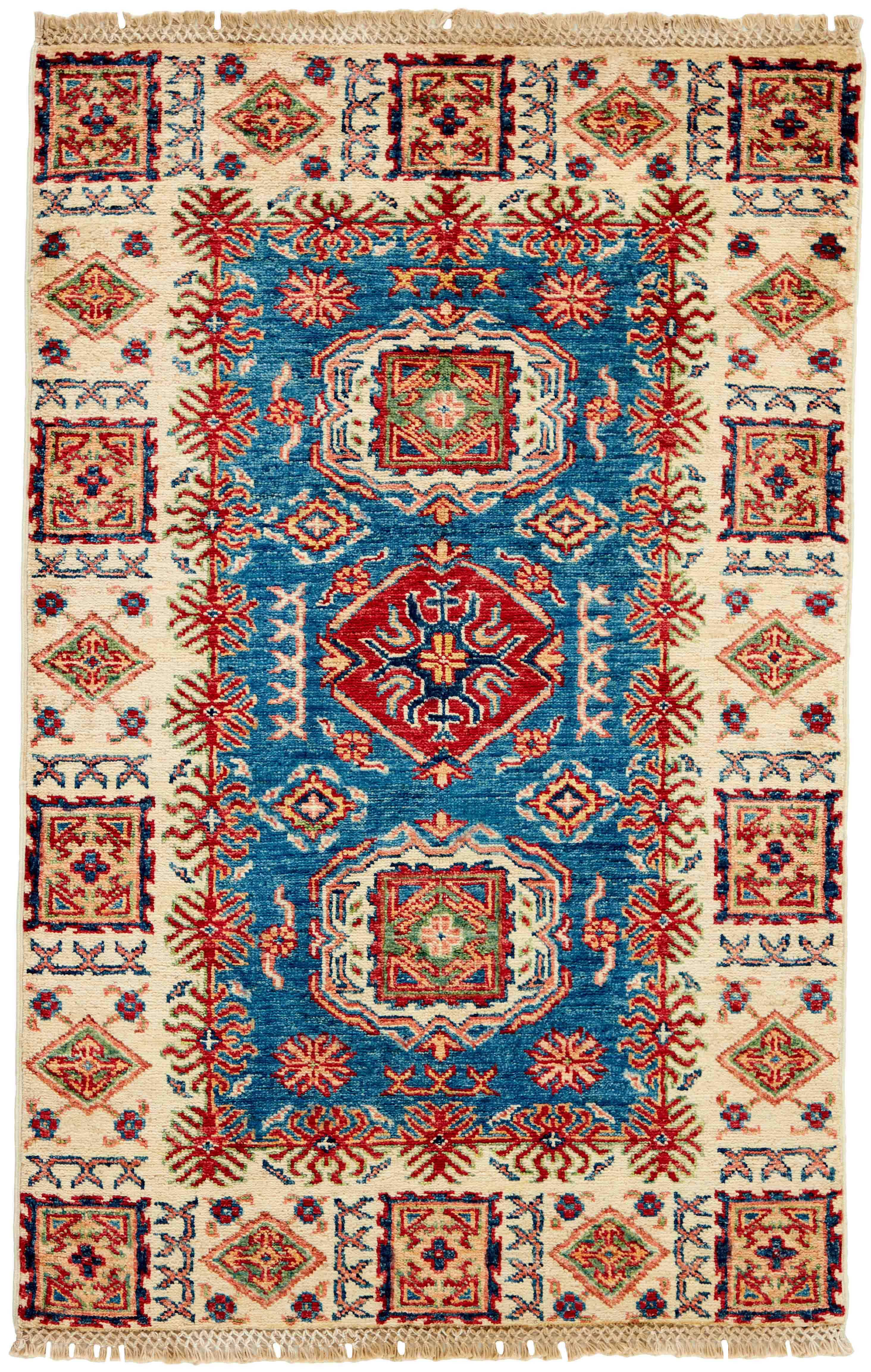 Authentic oriental rug with red, beige, yellow and blue traditional geometric design