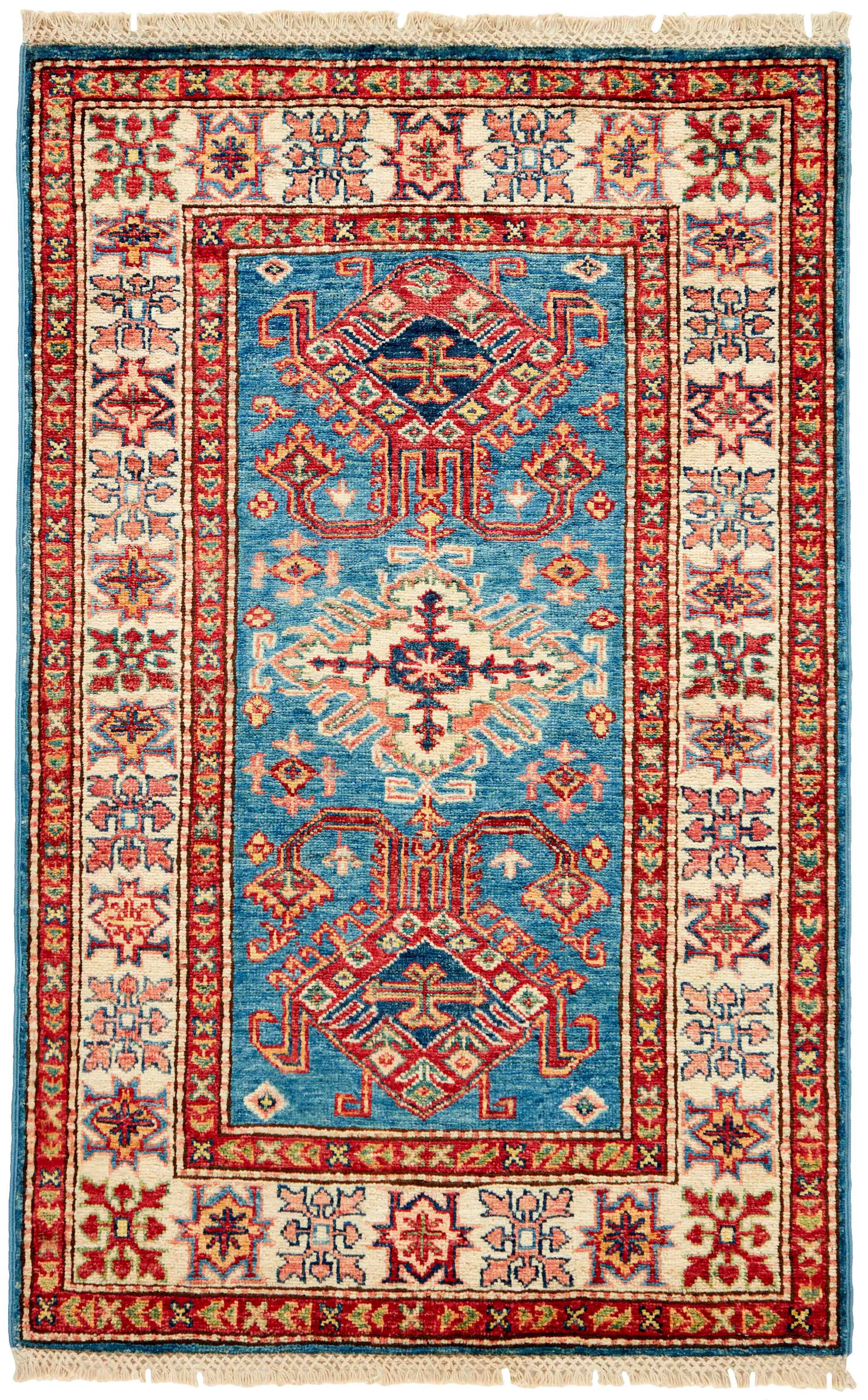 Authentic oriental rug with red, beige, yellow and blue traditional geometric design