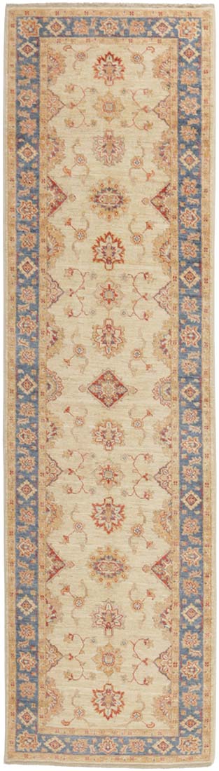 oriental rug with red, blue and beige floral pattern
