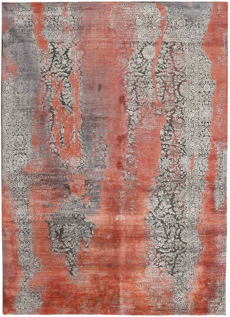 Large area rug with abstract design in orange, beige and brown