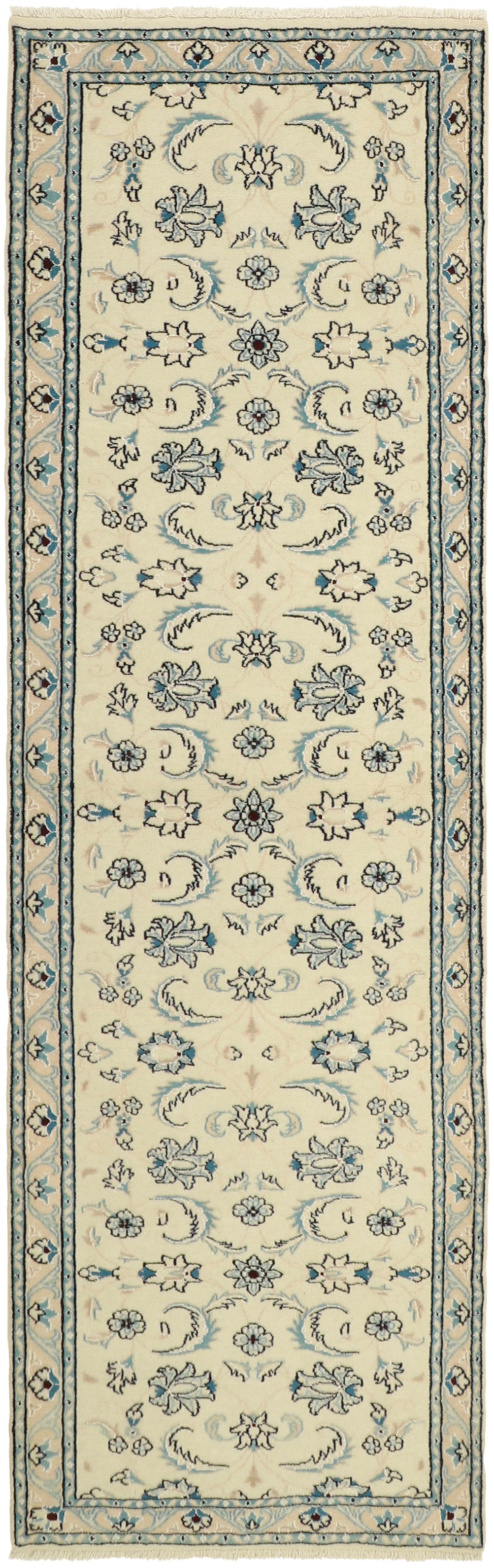 authentic persian runner with black, blue and ivory floral design