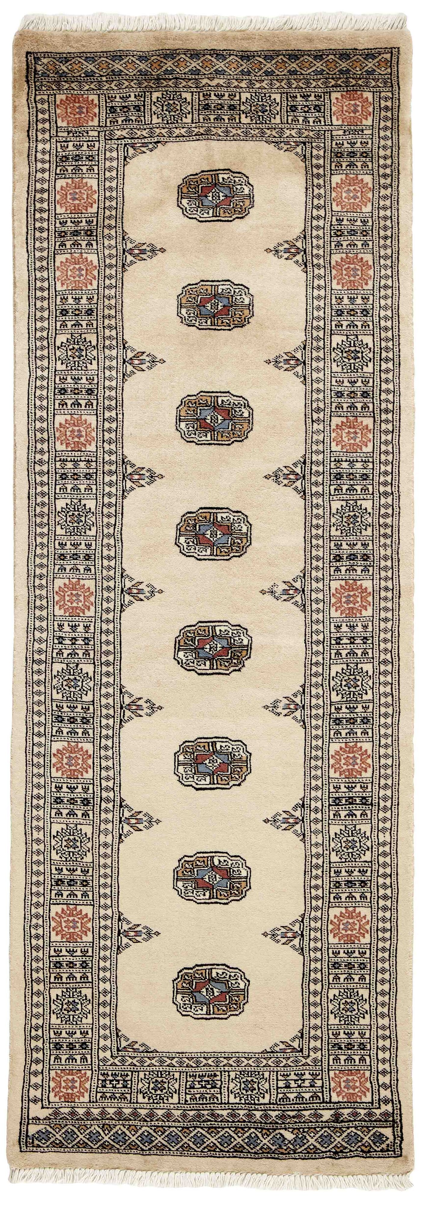 Beige Oriental runner with traditional bordered pattern