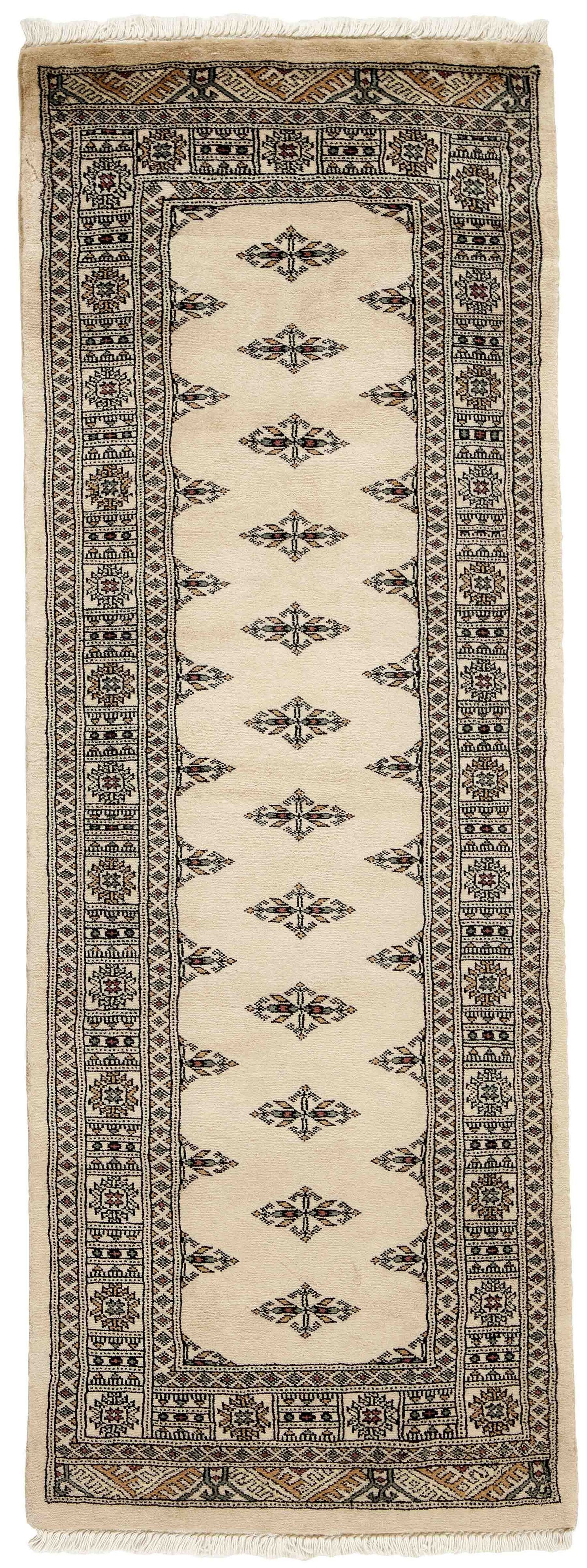 Beige Oriental runner with traditional bordered pattern