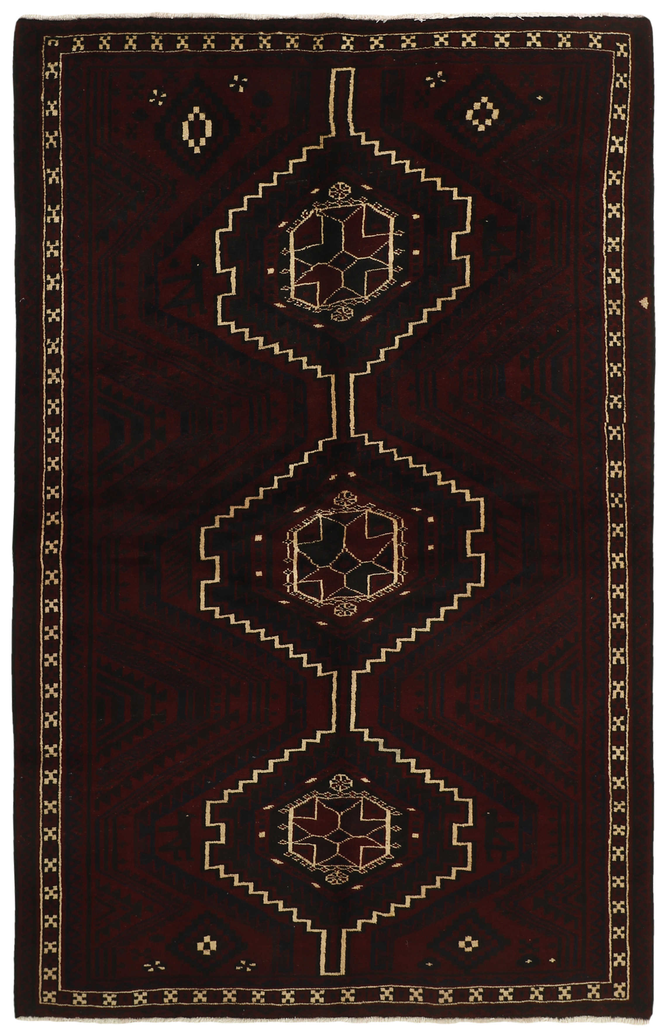 Red and white persian rug with traditional tribal geometric pattern