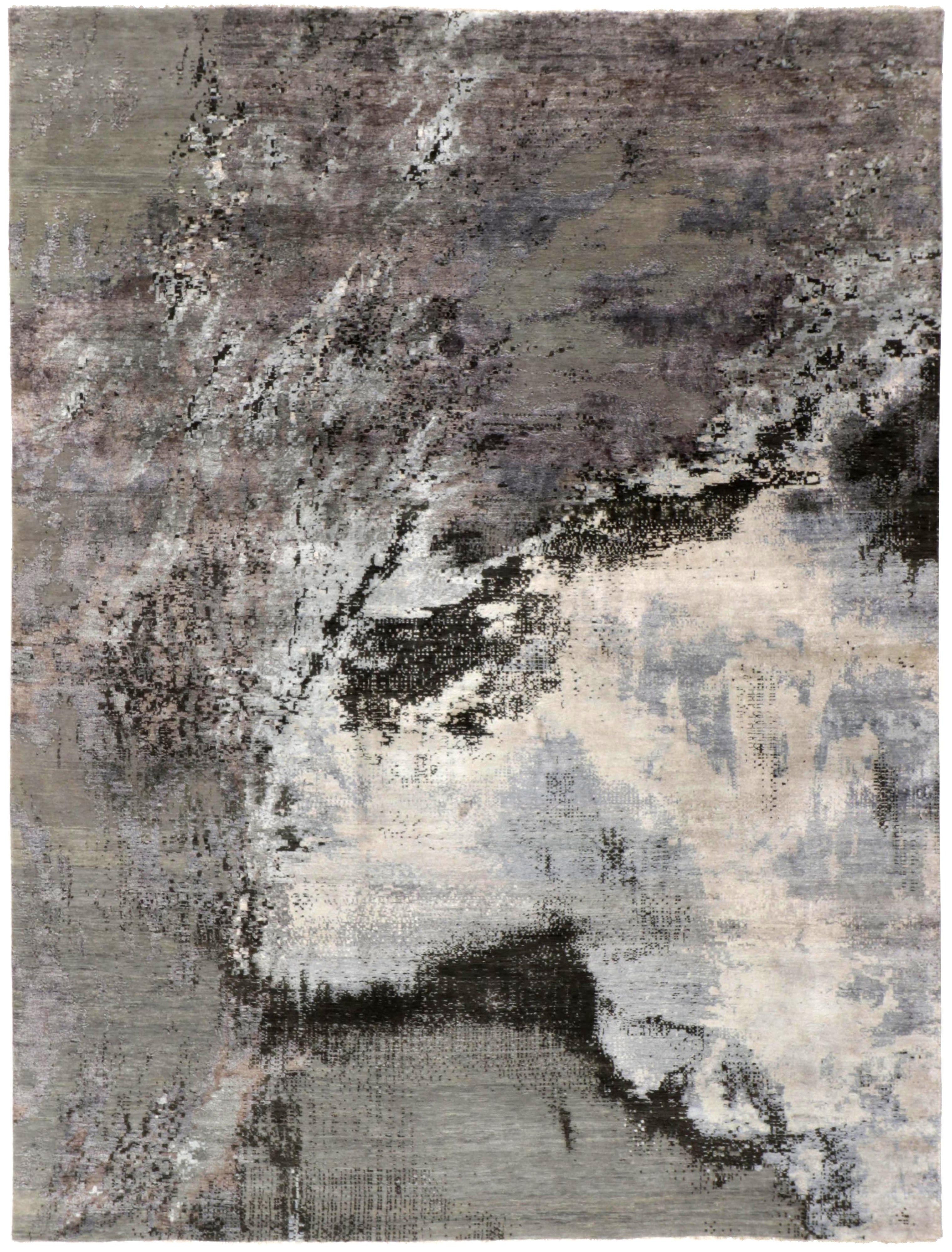 Large area rug with abstract design in grey, beige and black