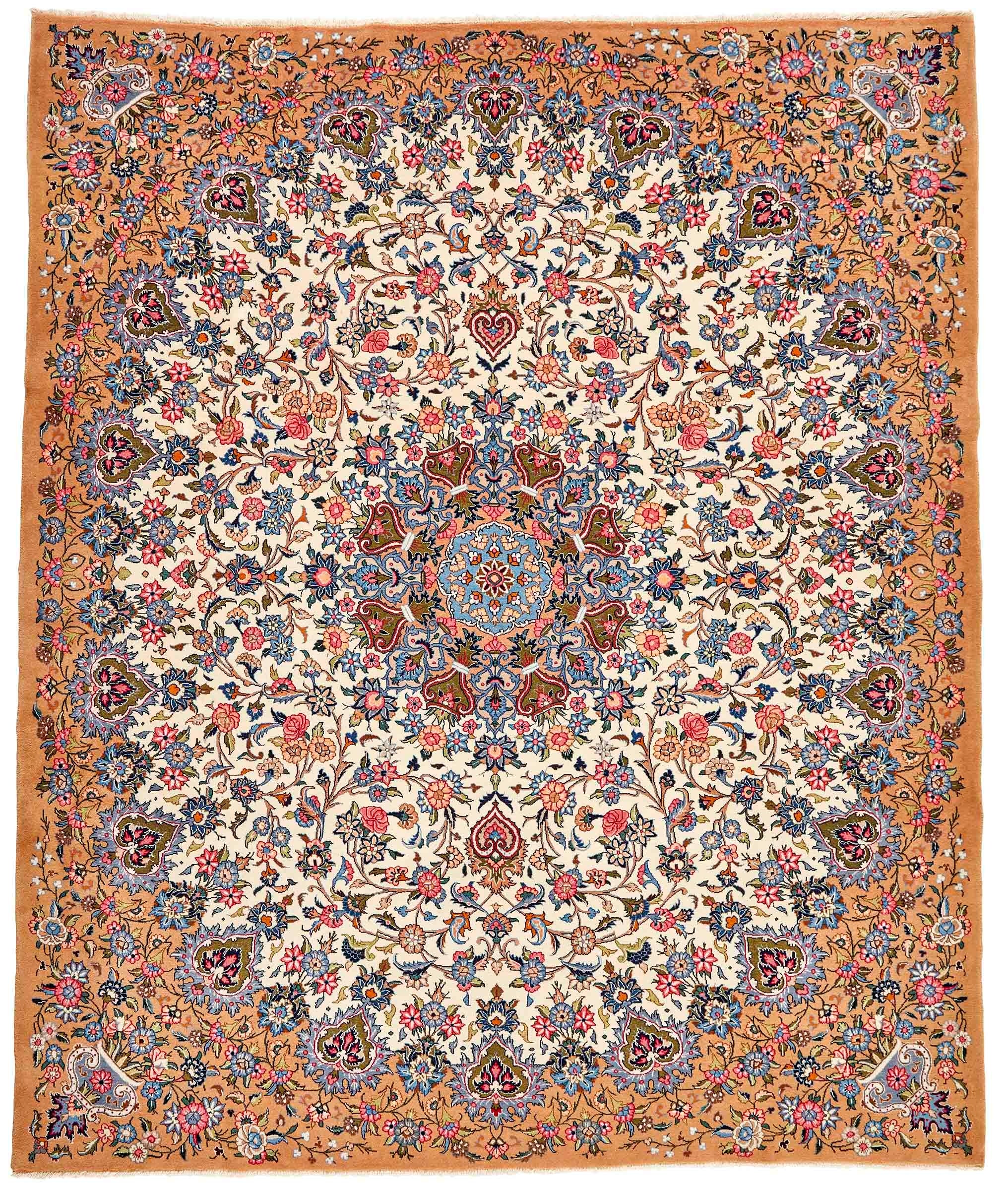 Authentic persian rug with traditional floral design in orange and blue