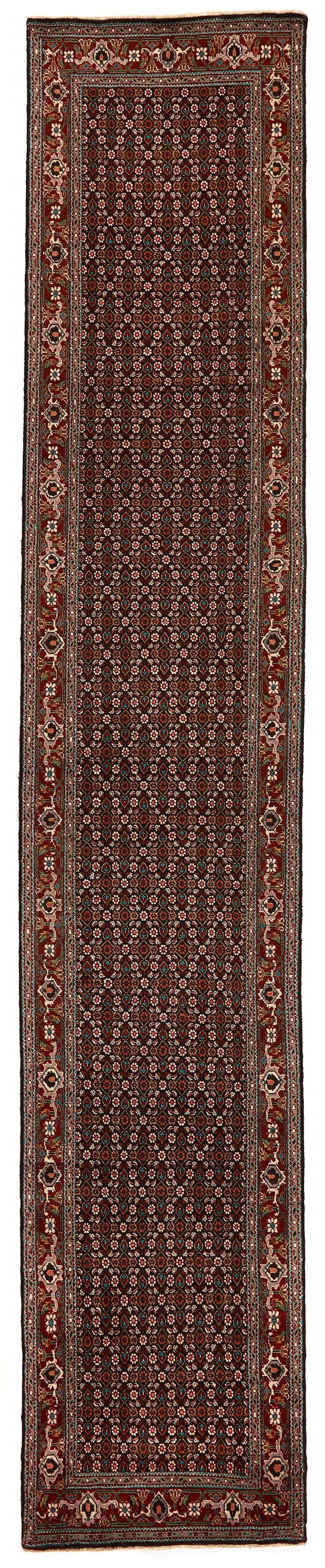 Authentic persian runner with traditional floral design in red, orange, green, ivory and black