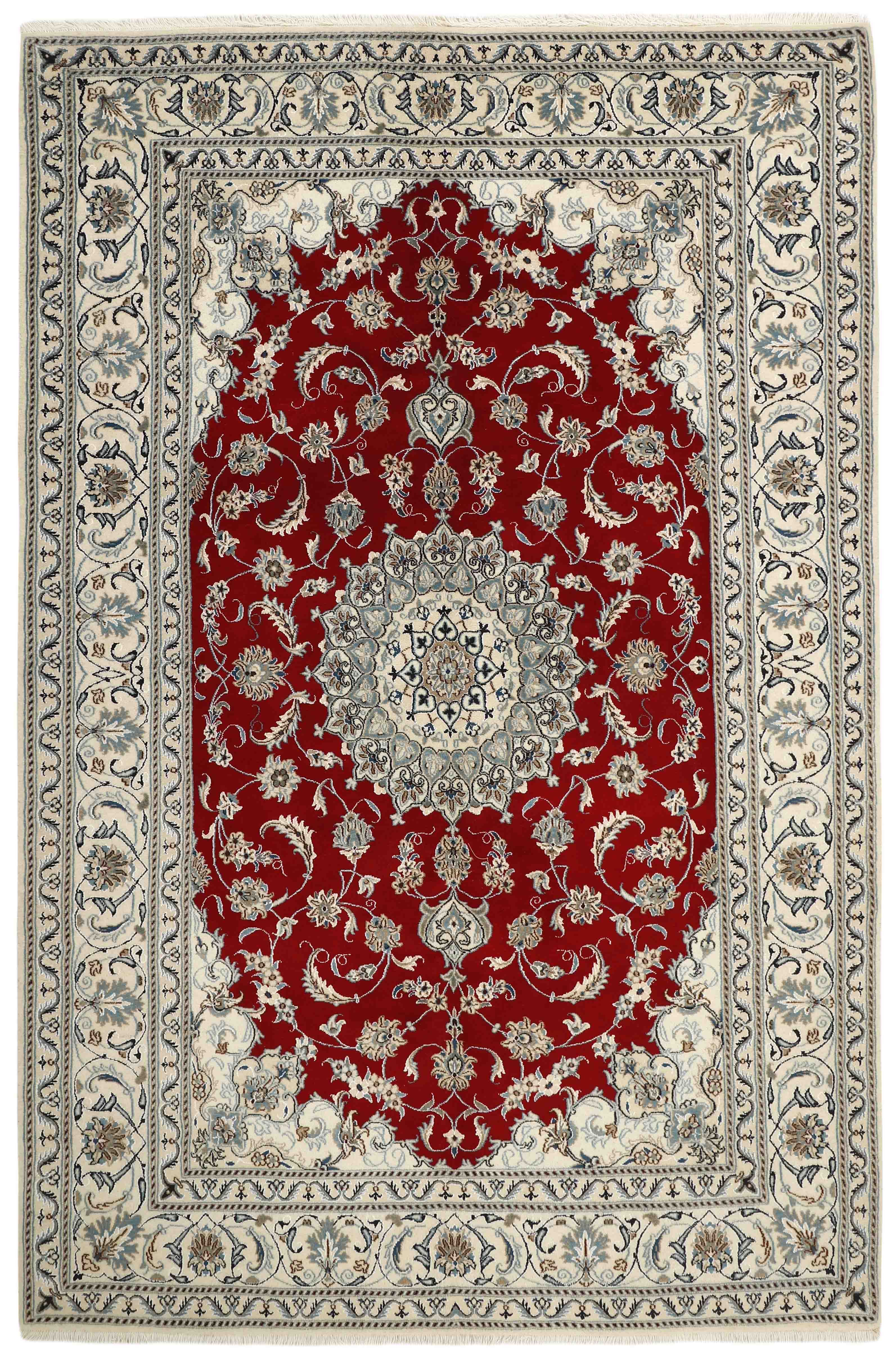 Authentic persian rug with a traditional floral design in cream and blue