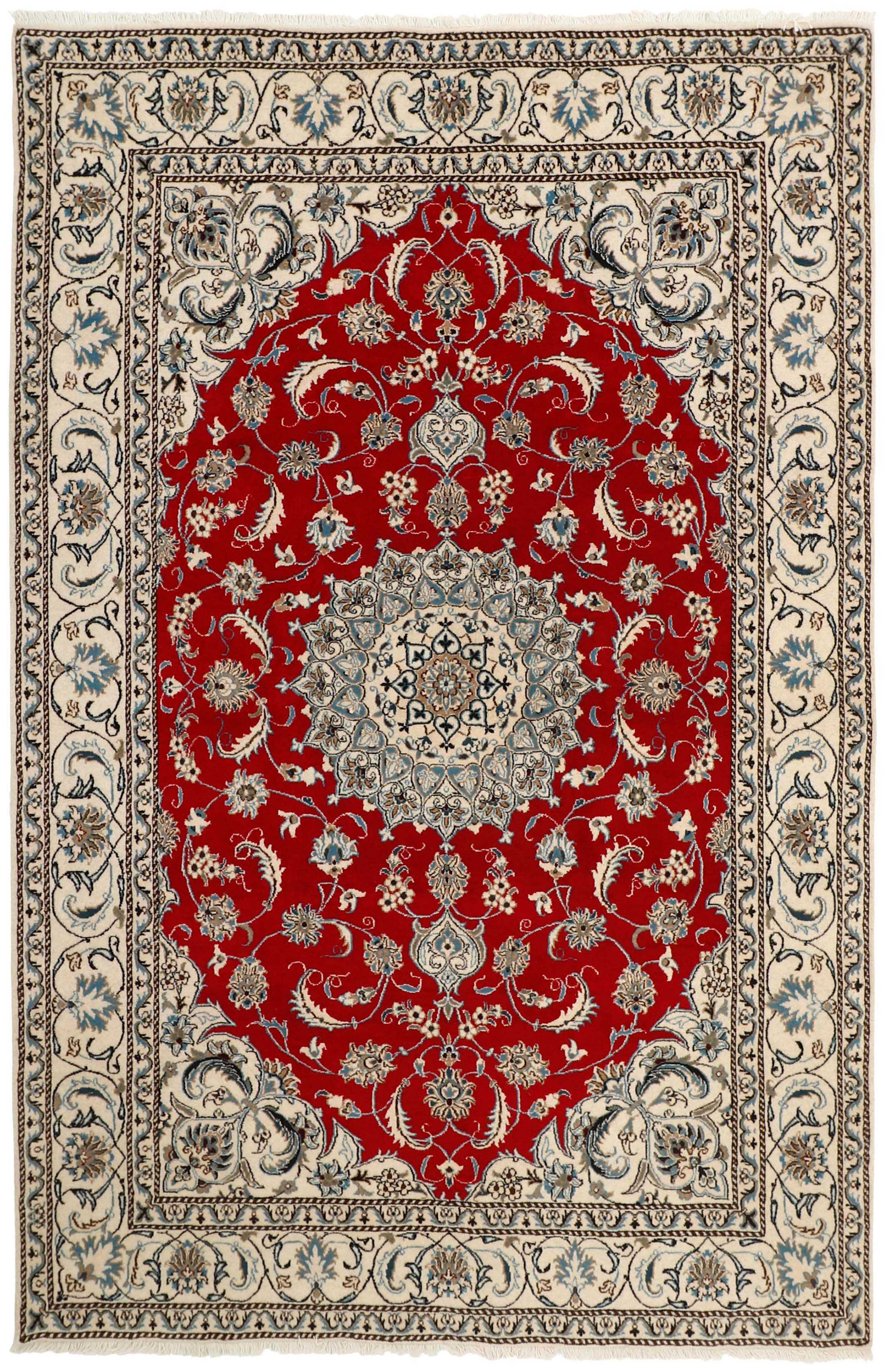 Authentic persian rug with a traditional floral design in cream and blue