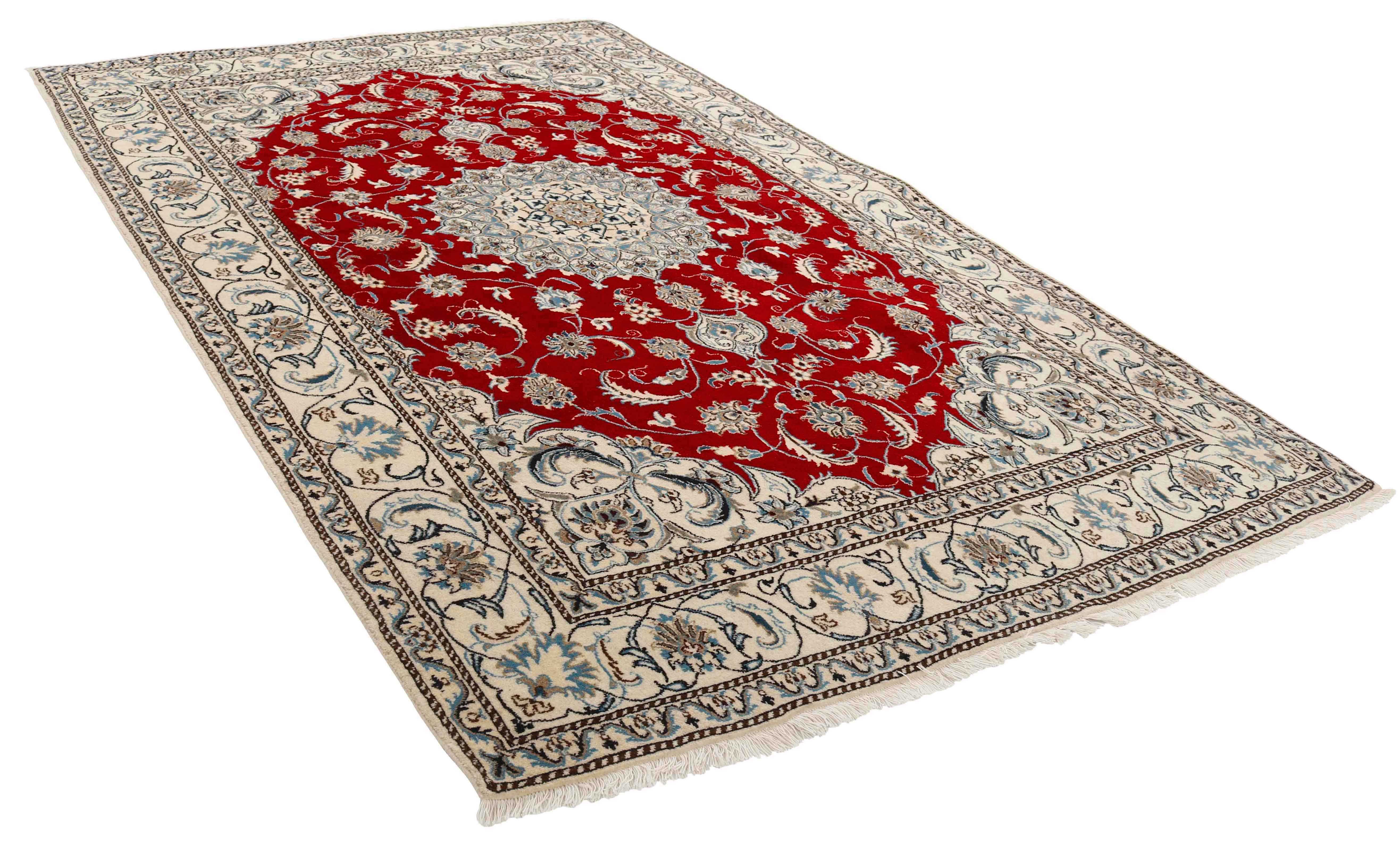 Authentic persian rug with a traditional floral design in cream and blue