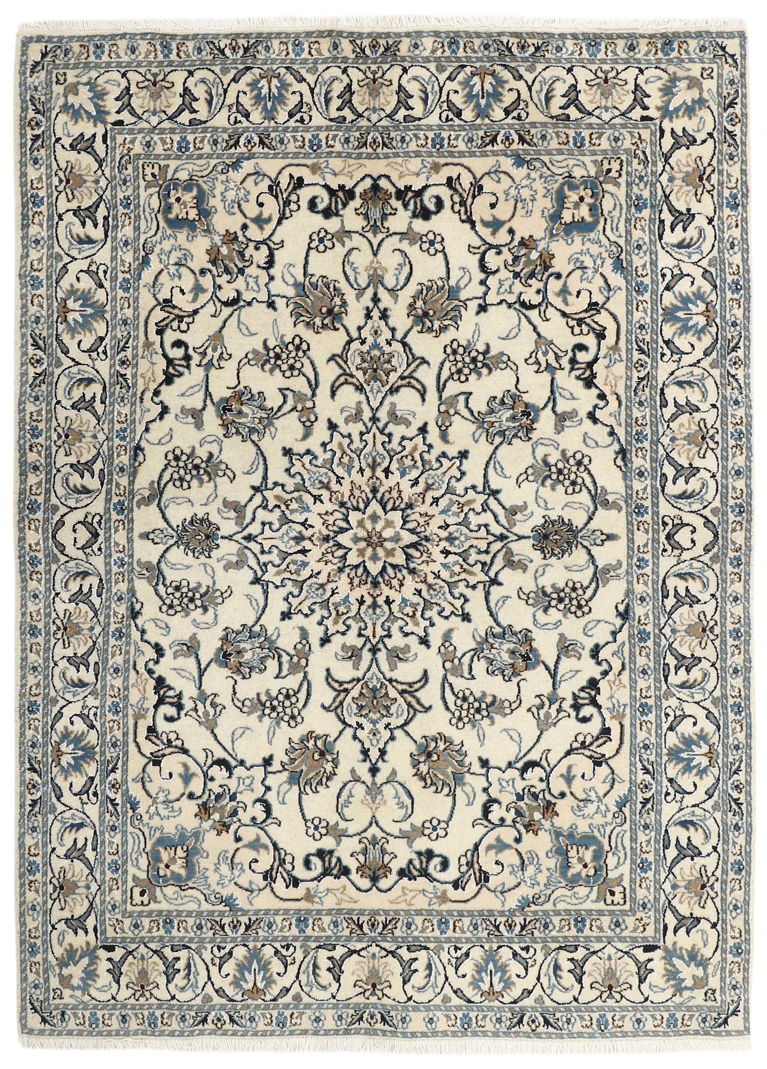 Authentic persian rug with a traditional floral design in cream and blue