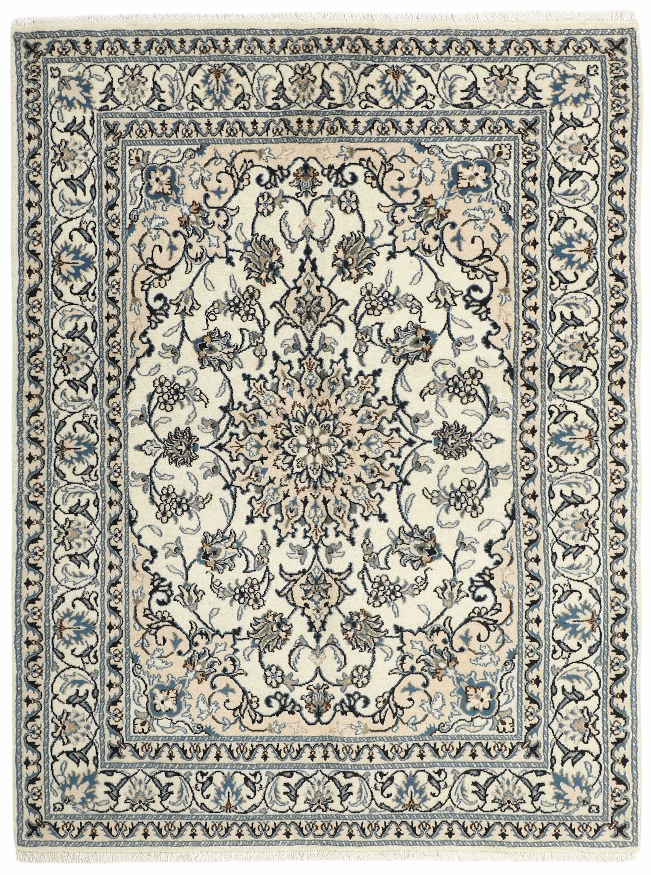 Authentic persian rug with a traditional floral design in cream and blue