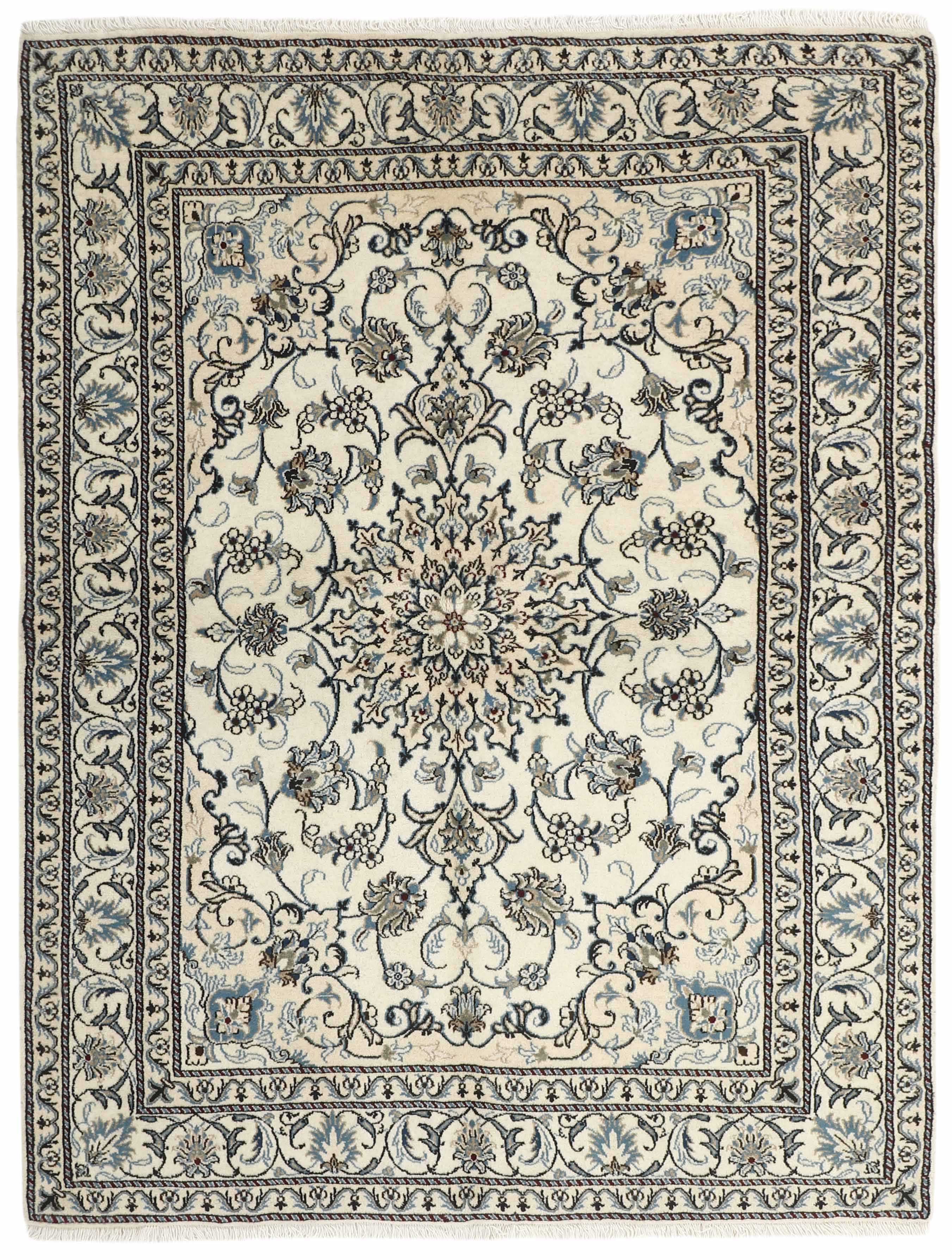 Authentic persian rug with a traditional floral design in cream and blue