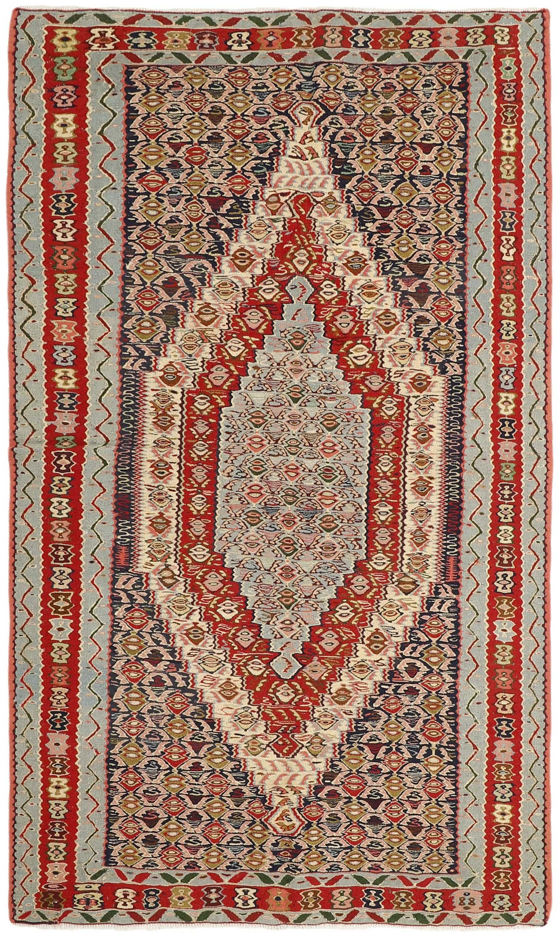 Authentic persian kelim flatweave rug with traditional geometric floral design in multicolour