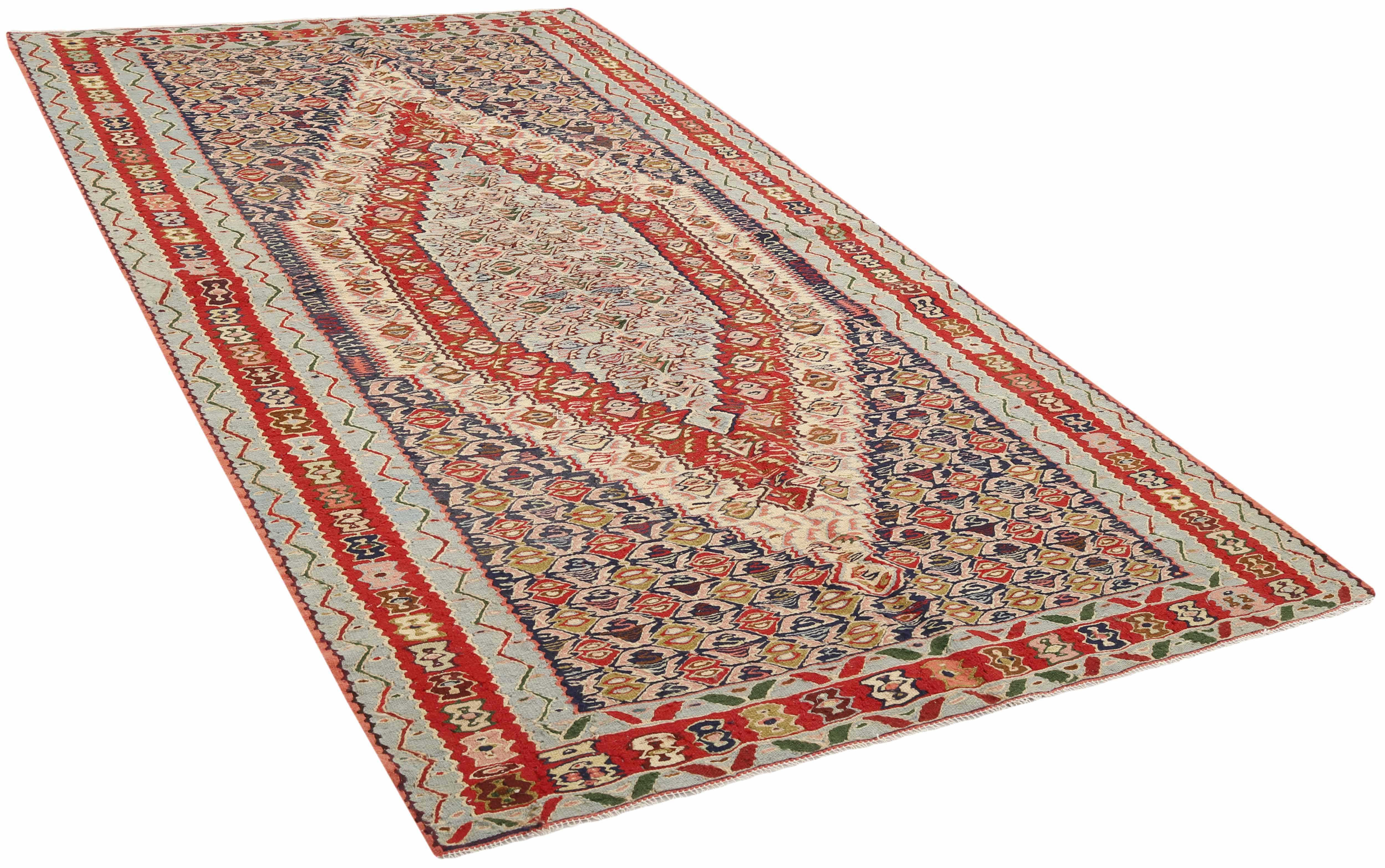 Authentic persian kelim flatweave rug with traditional geometric floral design in multicolour