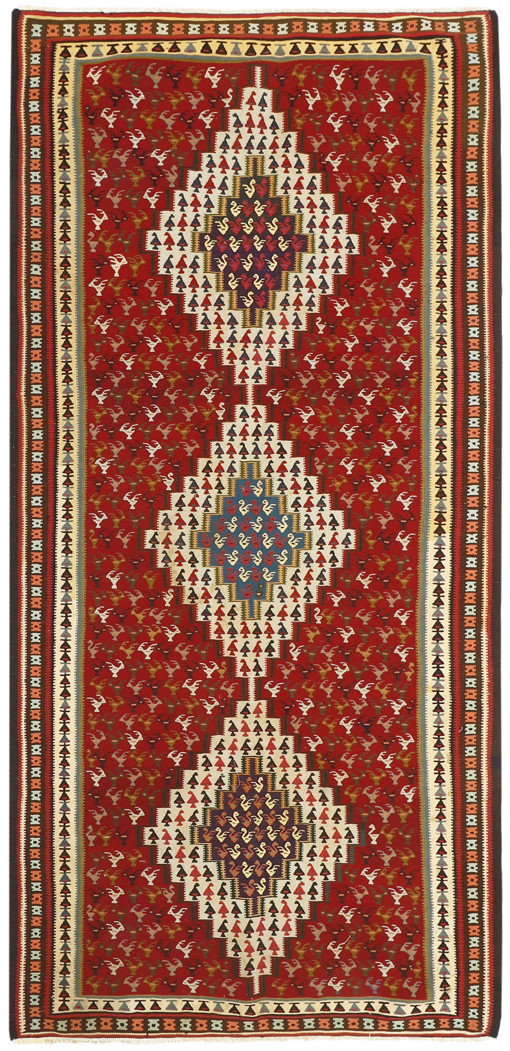 Authentic persian kelim flatweave rug with traditional geometric floral design in beige, red and blue