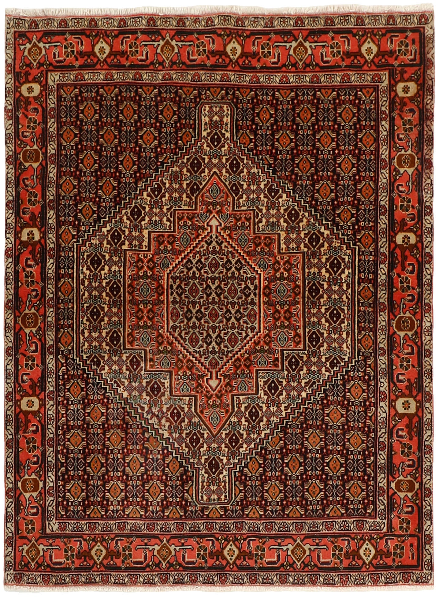 authentic persian rug with a traditional geometric design in red