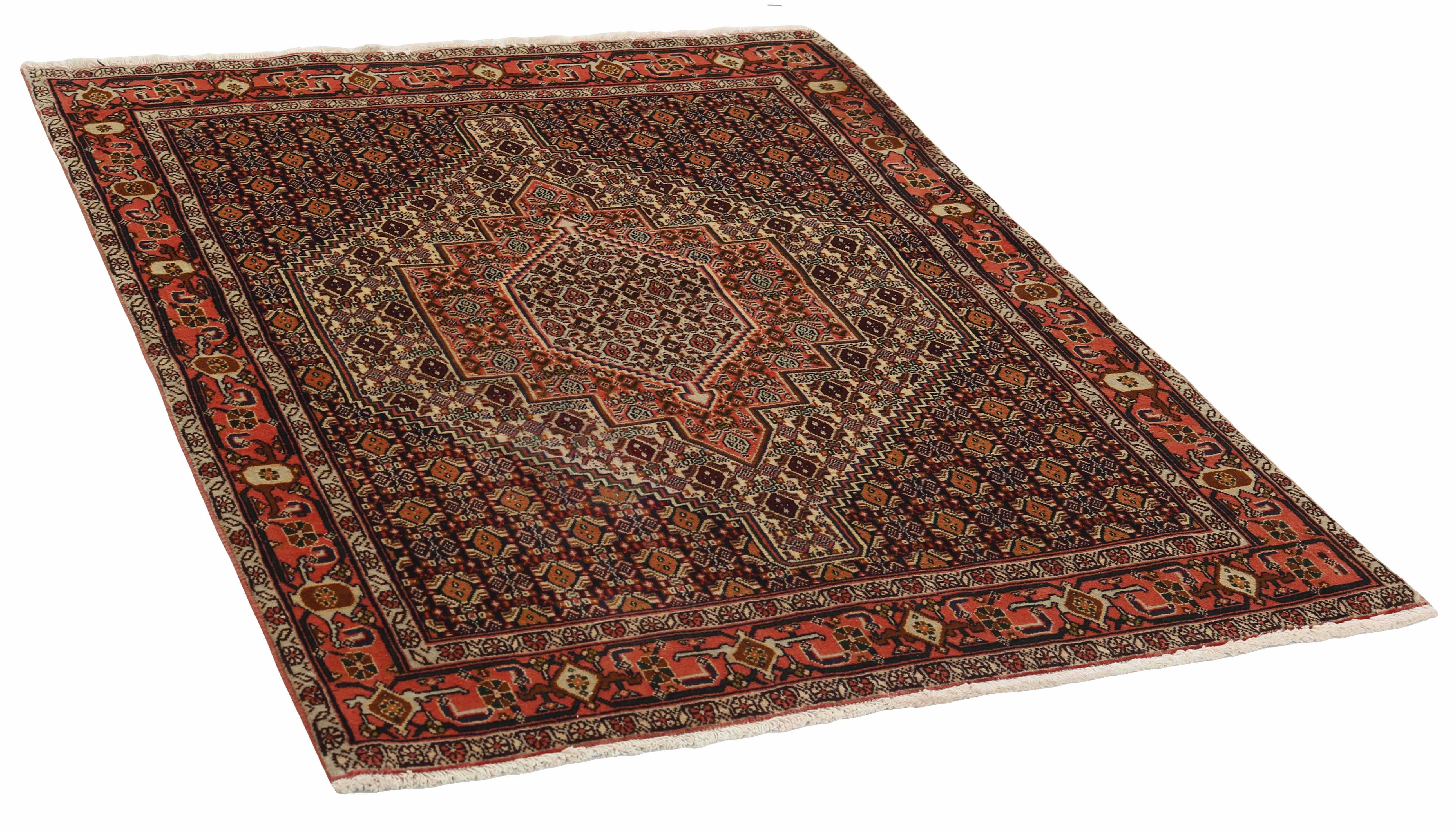 authentic persian rug with a traditional geometric design in red