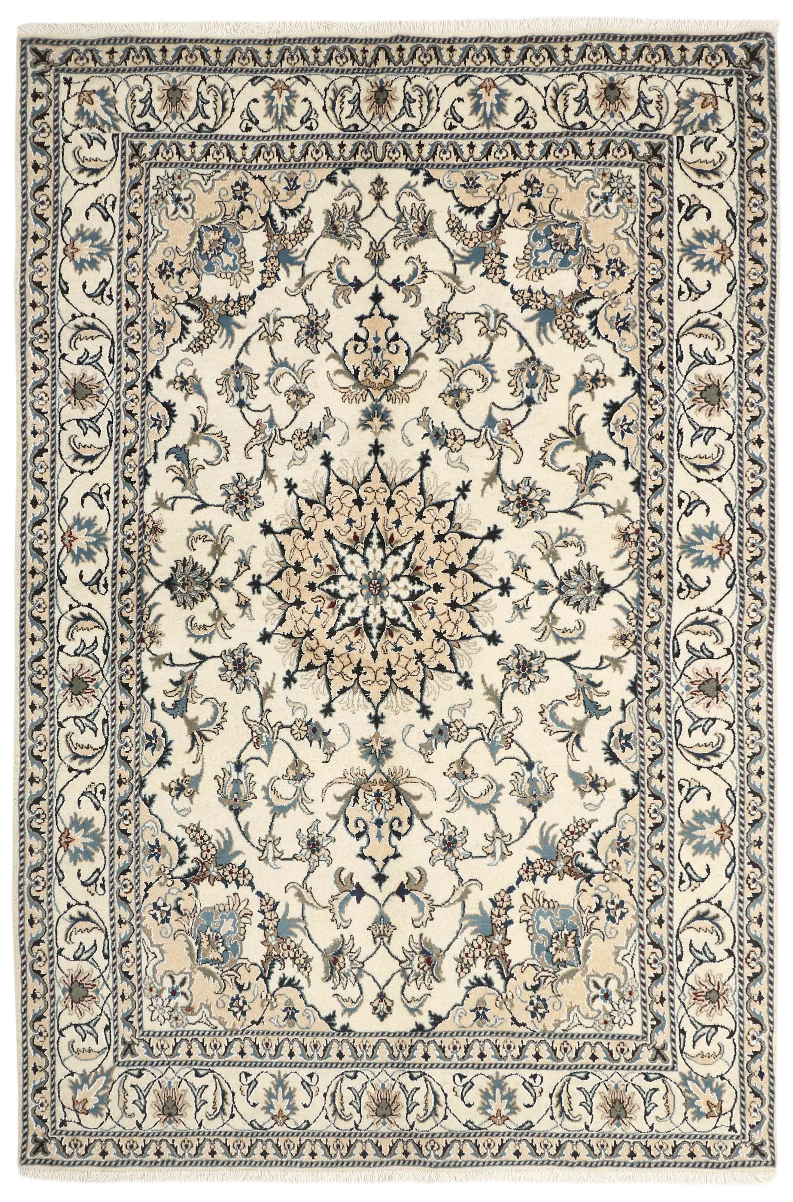 Authentic persian rug with a traditional floral design in cream, beige and blue