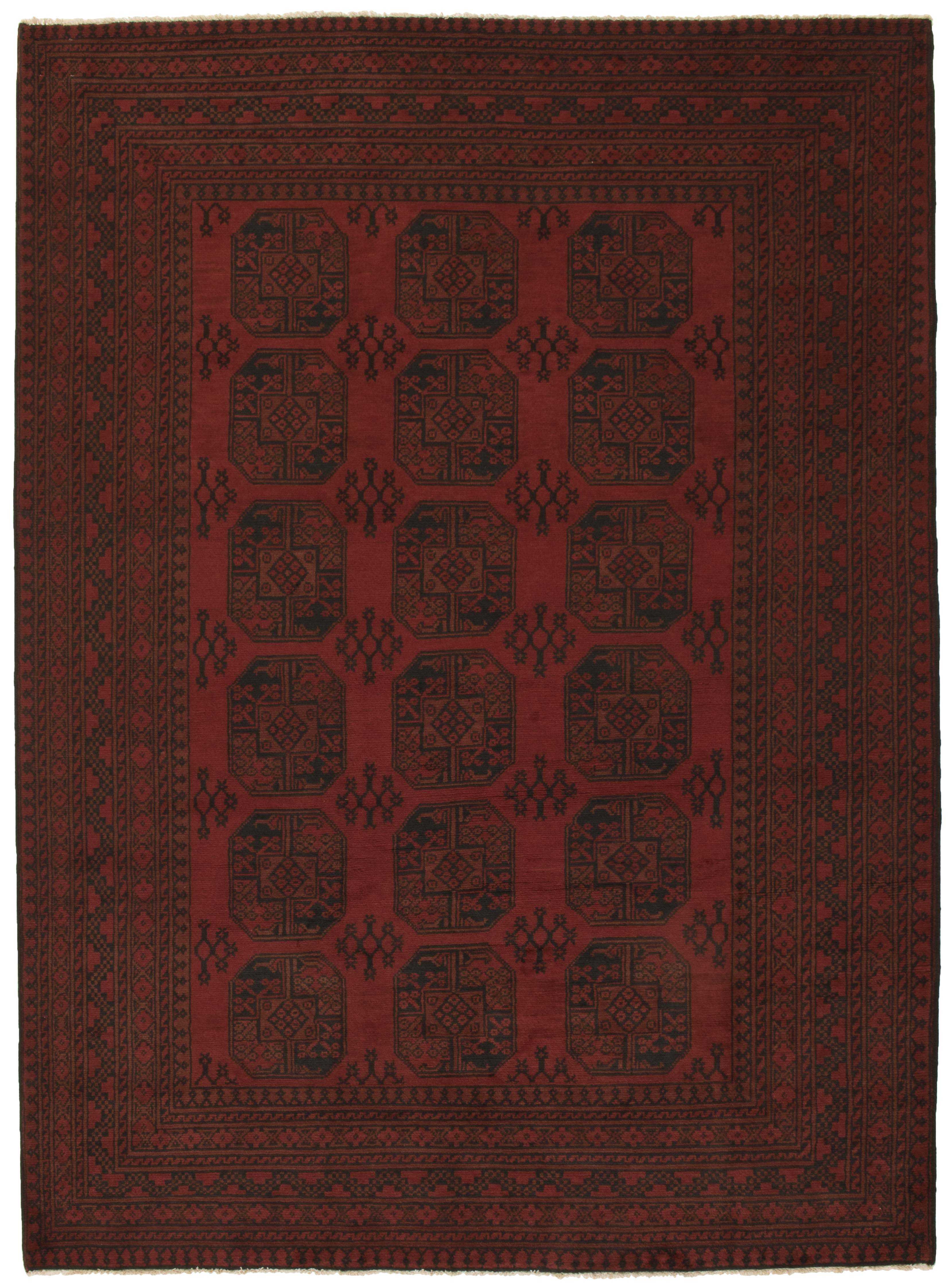 Red oriental rug with traditional elephant's foot pattern