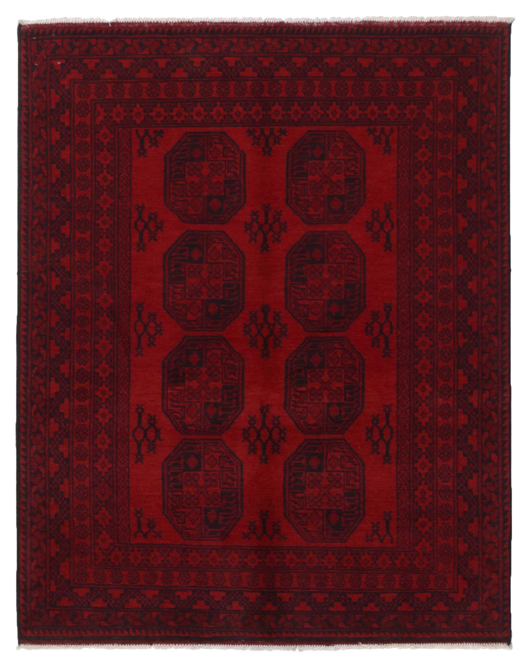 Red oriental rug with traditional elephant's foot pattern