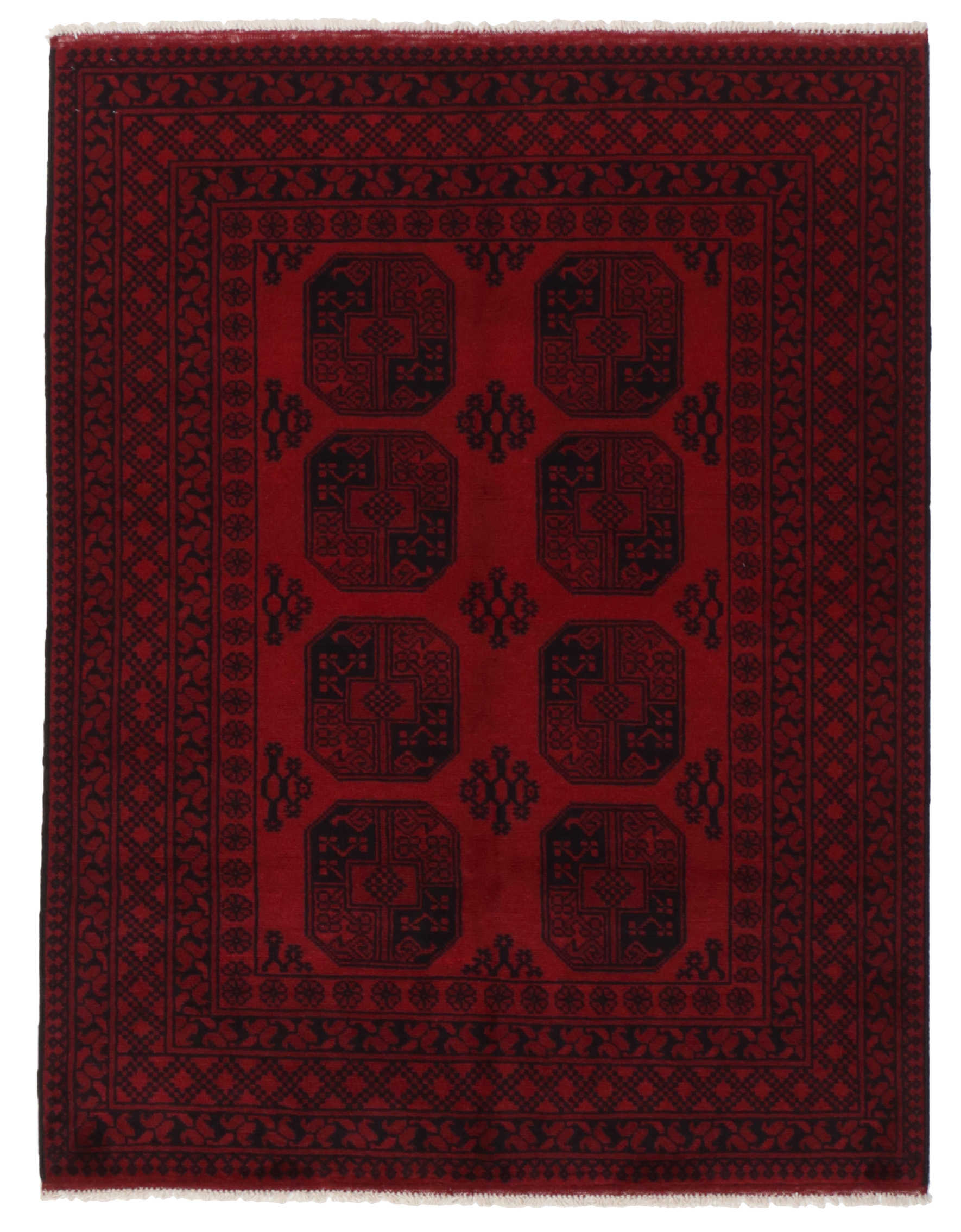 Red oriental rug with traditional elephant's foot pattern