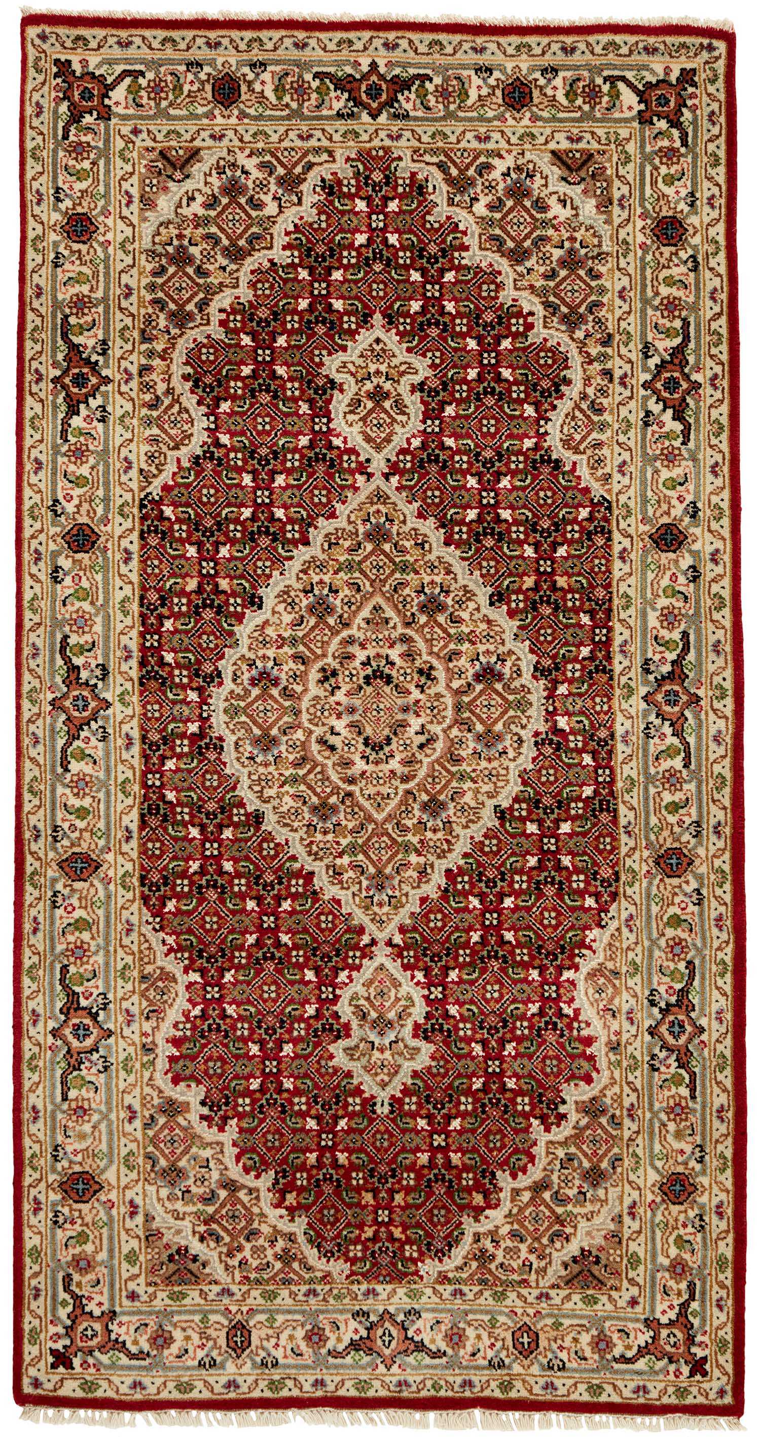 Authentic Oriental rug with traditional geometric and floral design in red