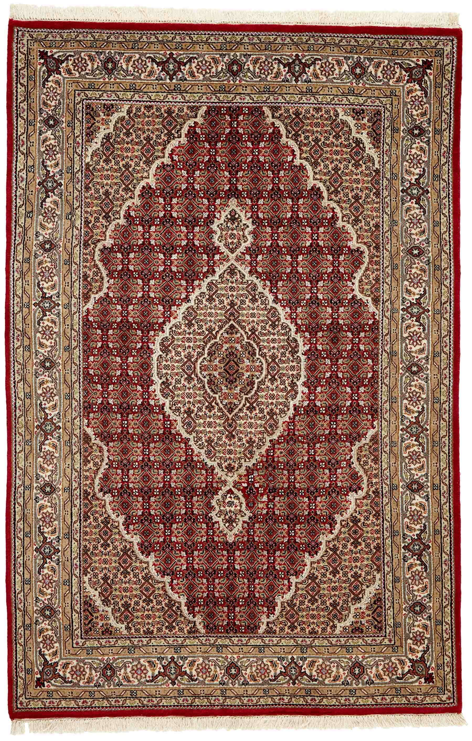 Authentic Oriental rug with traditional geometric and floral design in red