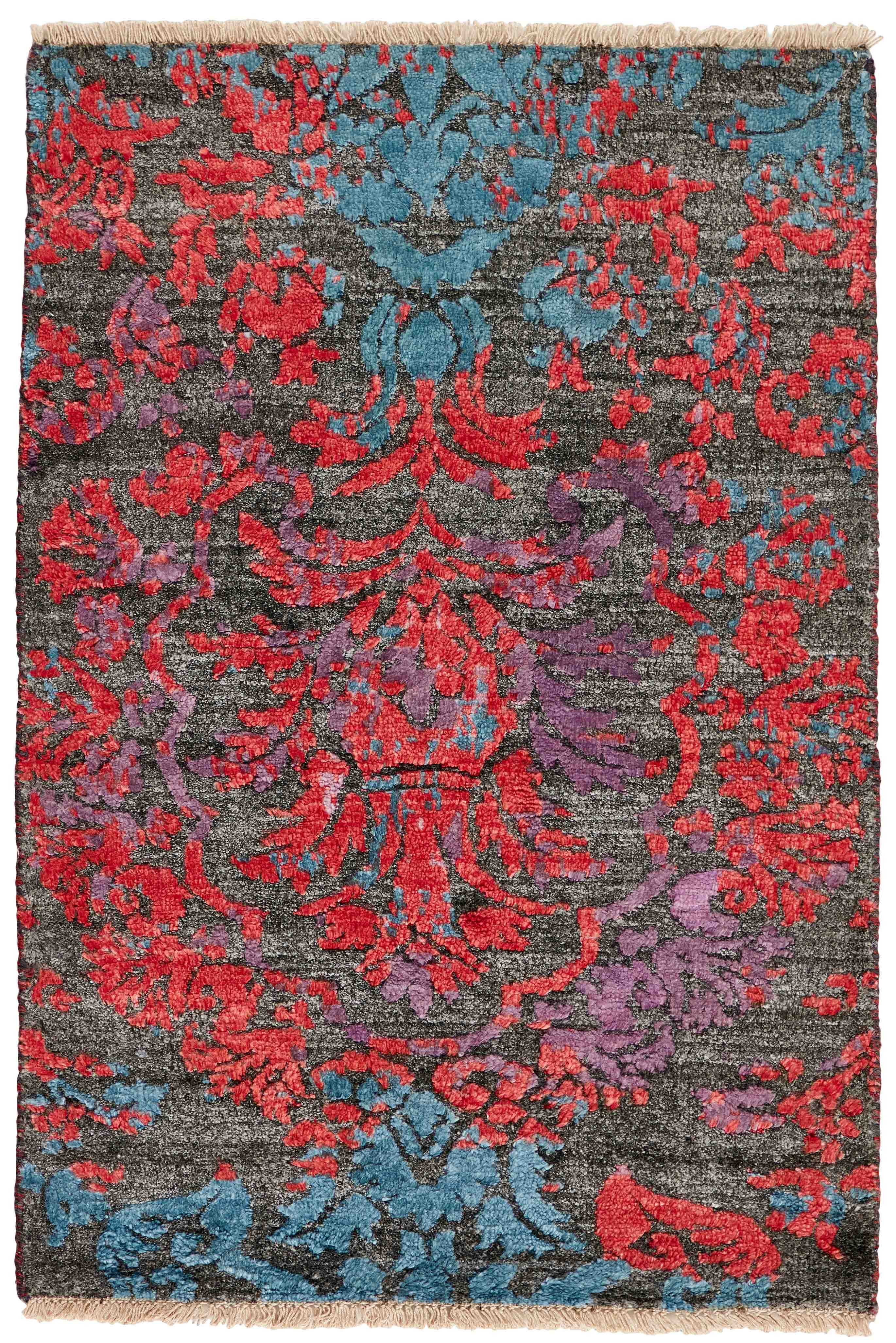Authentic oriental rug with a damask pattern in multicolour