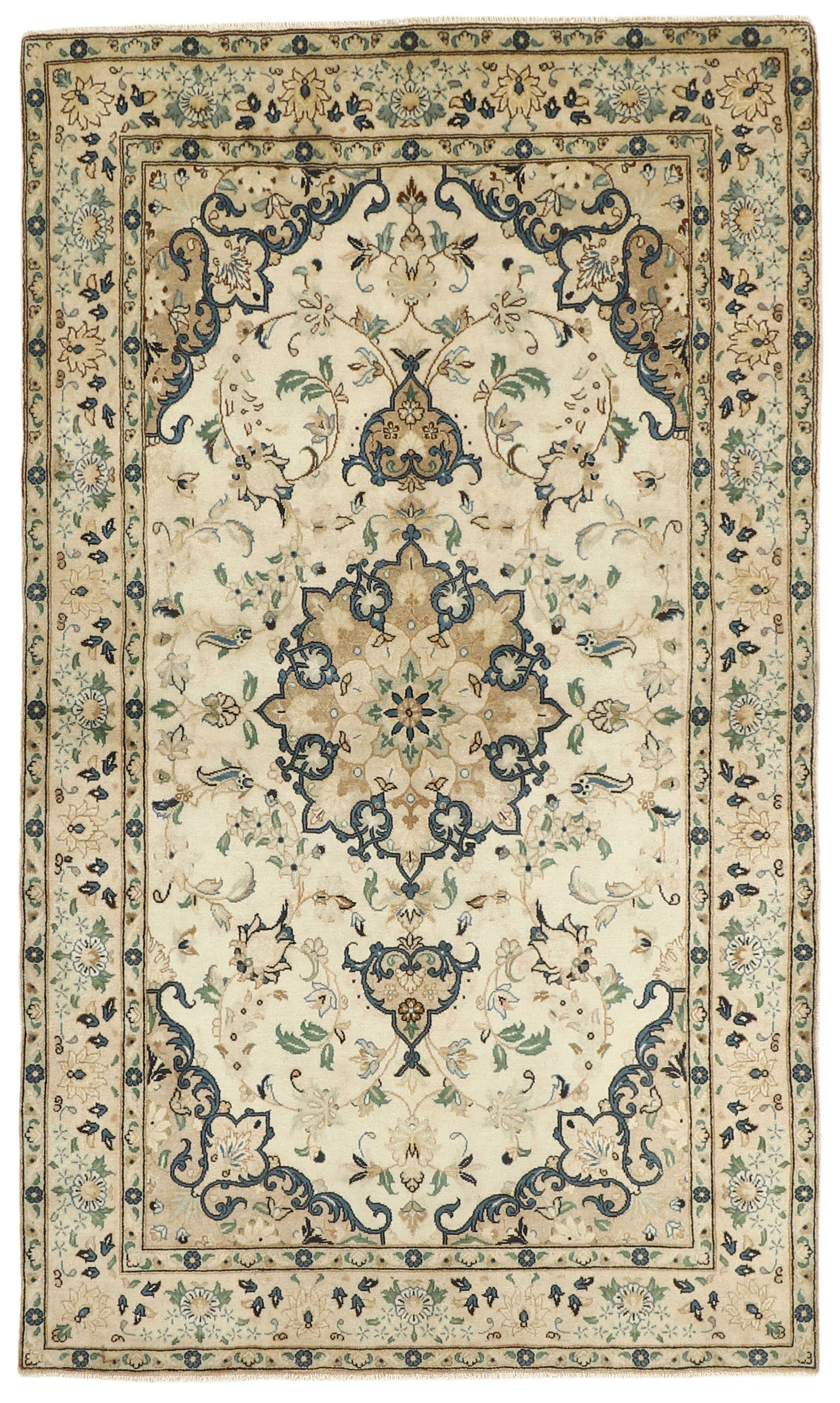 Authentic persian rug with traditional floral design in beige and blue