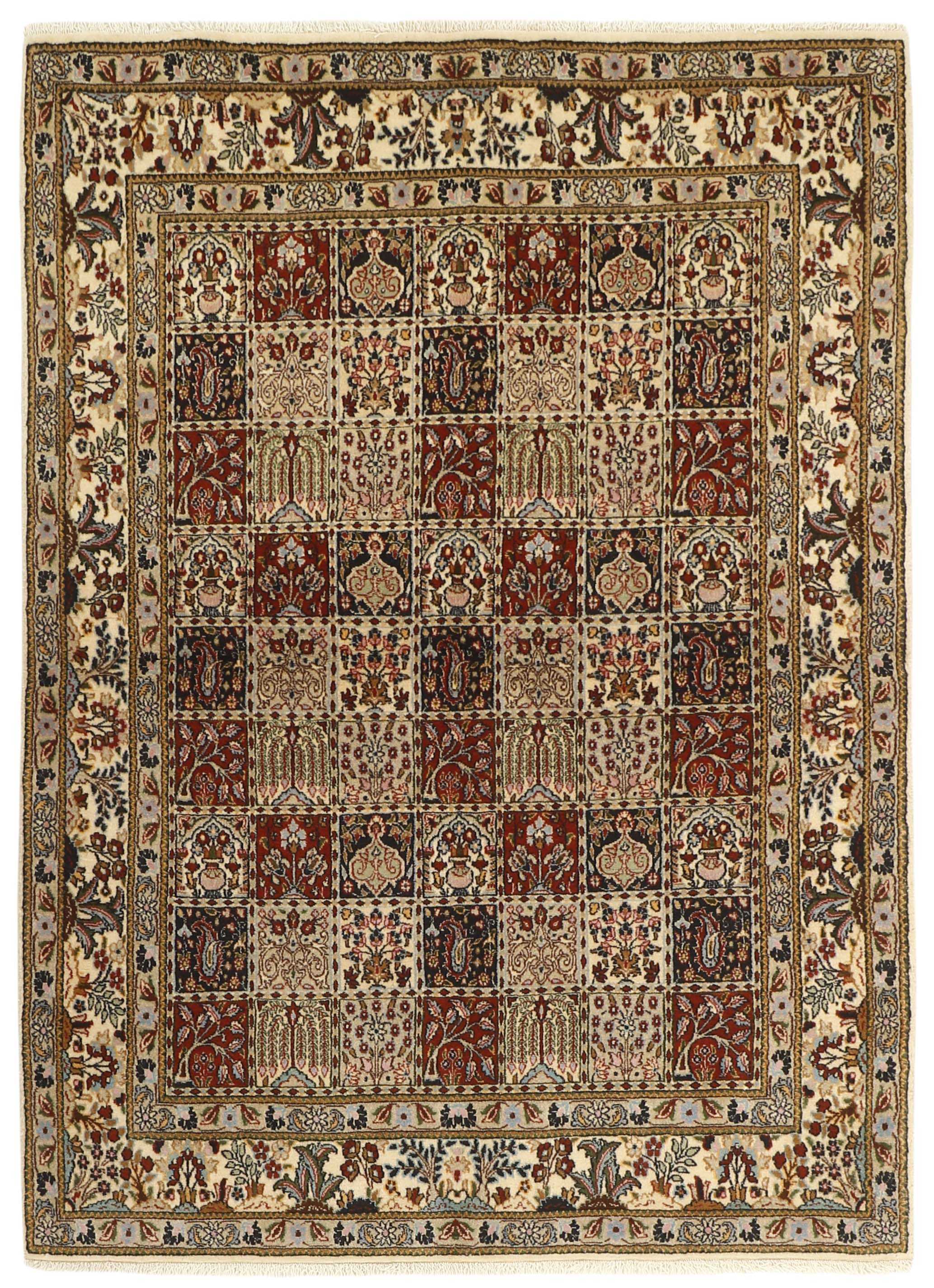 authentic persian rug with floral pattern in beige, blue and red