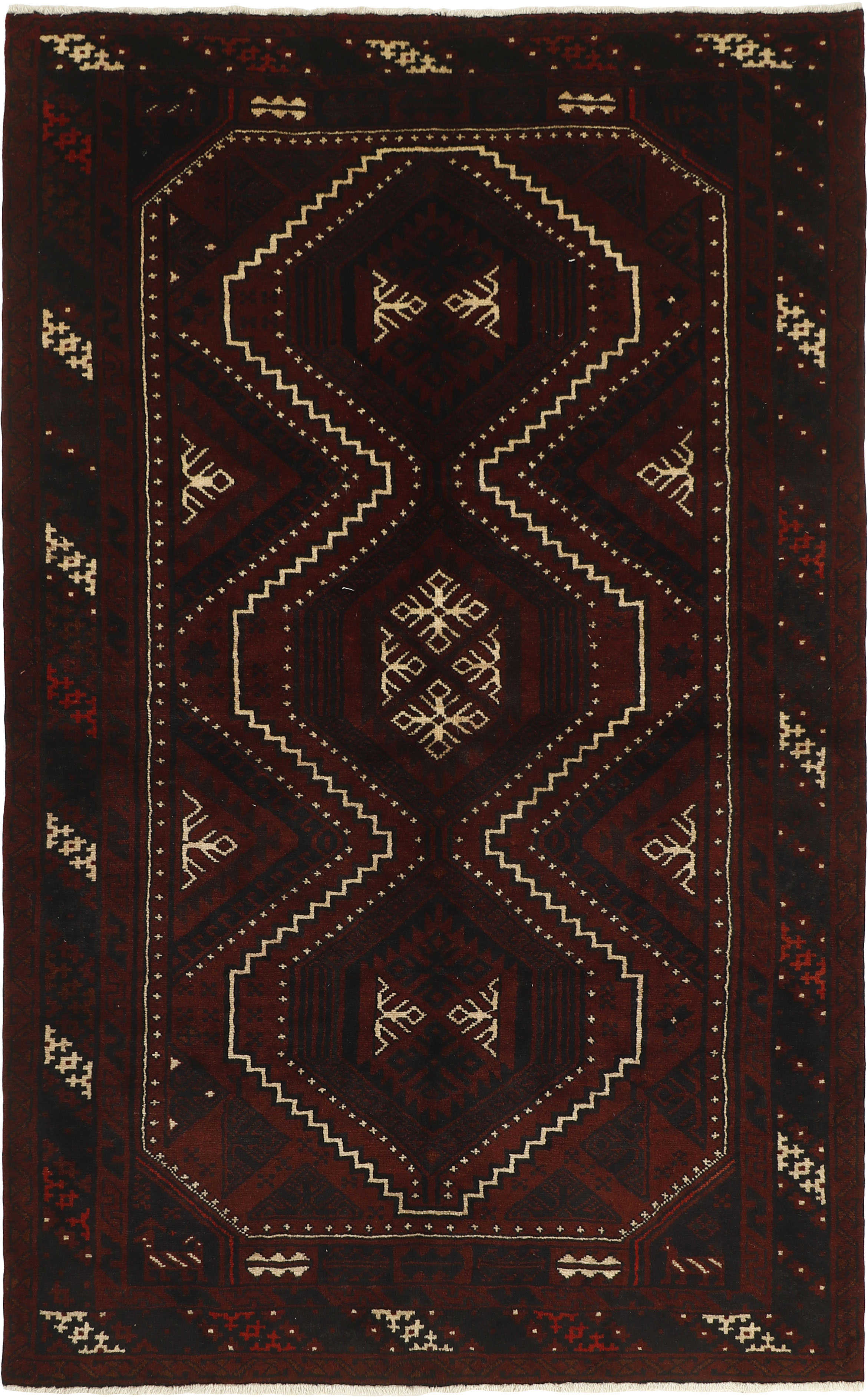Red and white persian rug with traditional tribal geometric pattern
