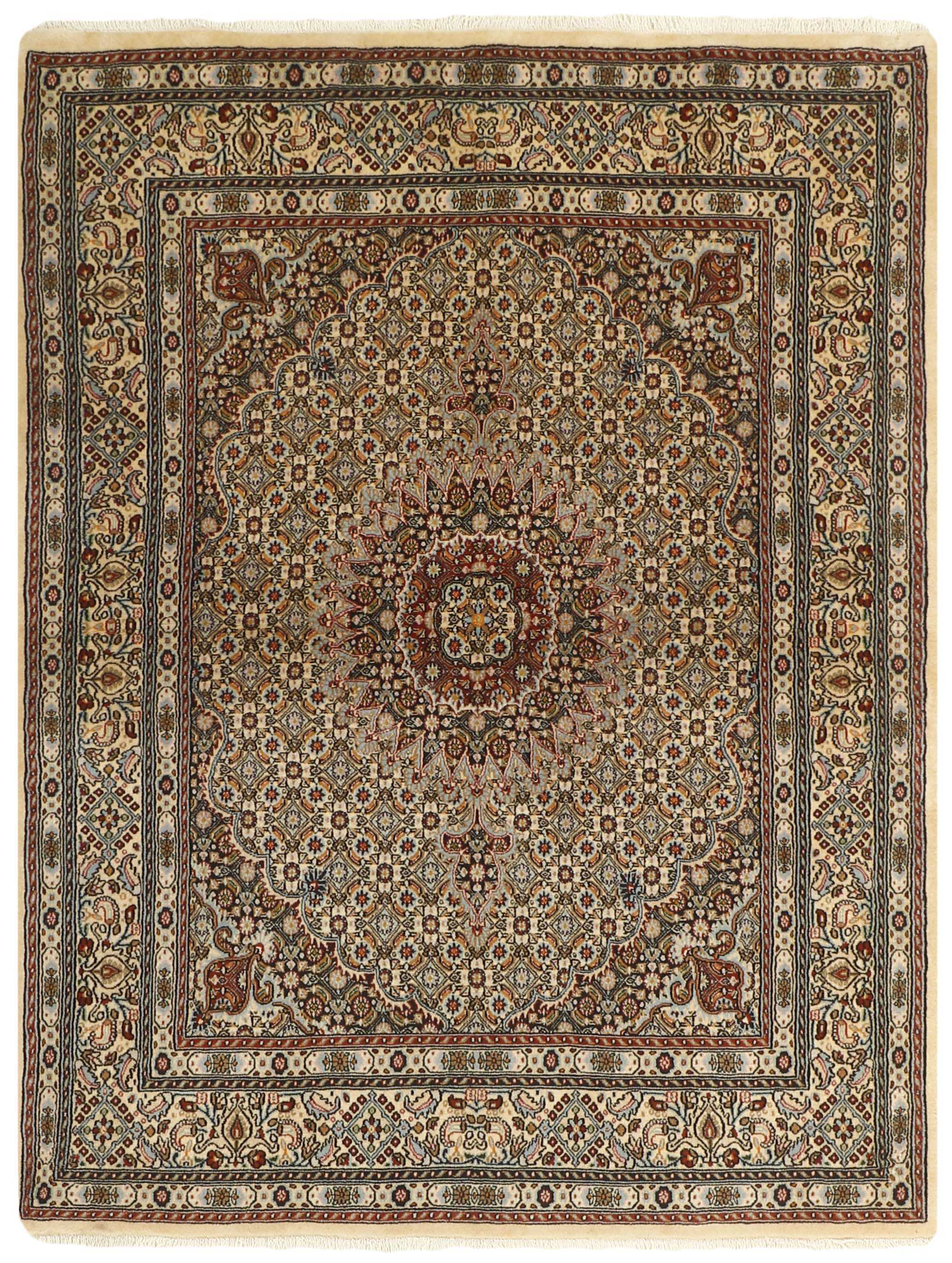 authentic persian rug with traditional floral pattern in cream, blue and red