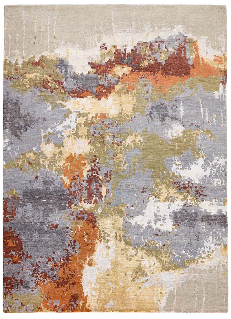 gold, grey, beige, green, red and ivory abstract rug
