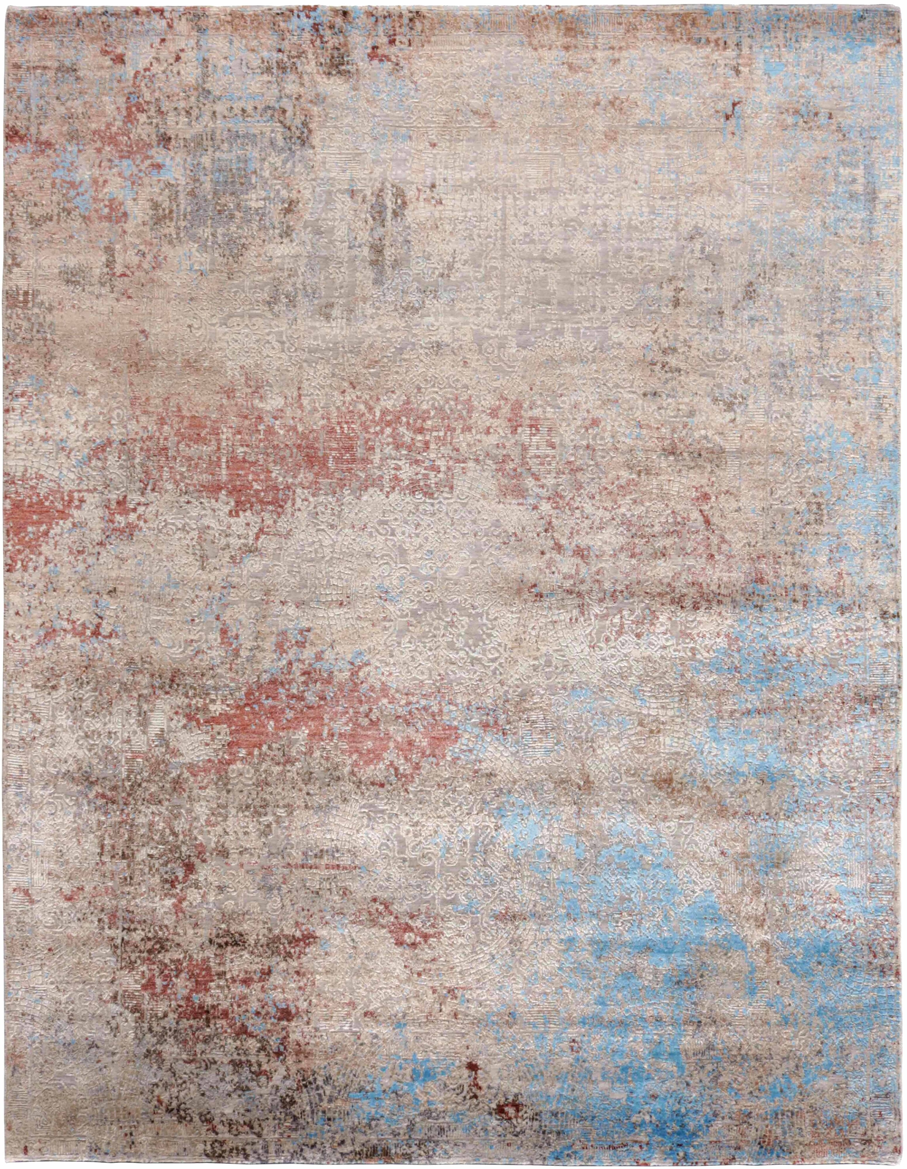 Large area rug with abstract design in grey, beige, red and blue