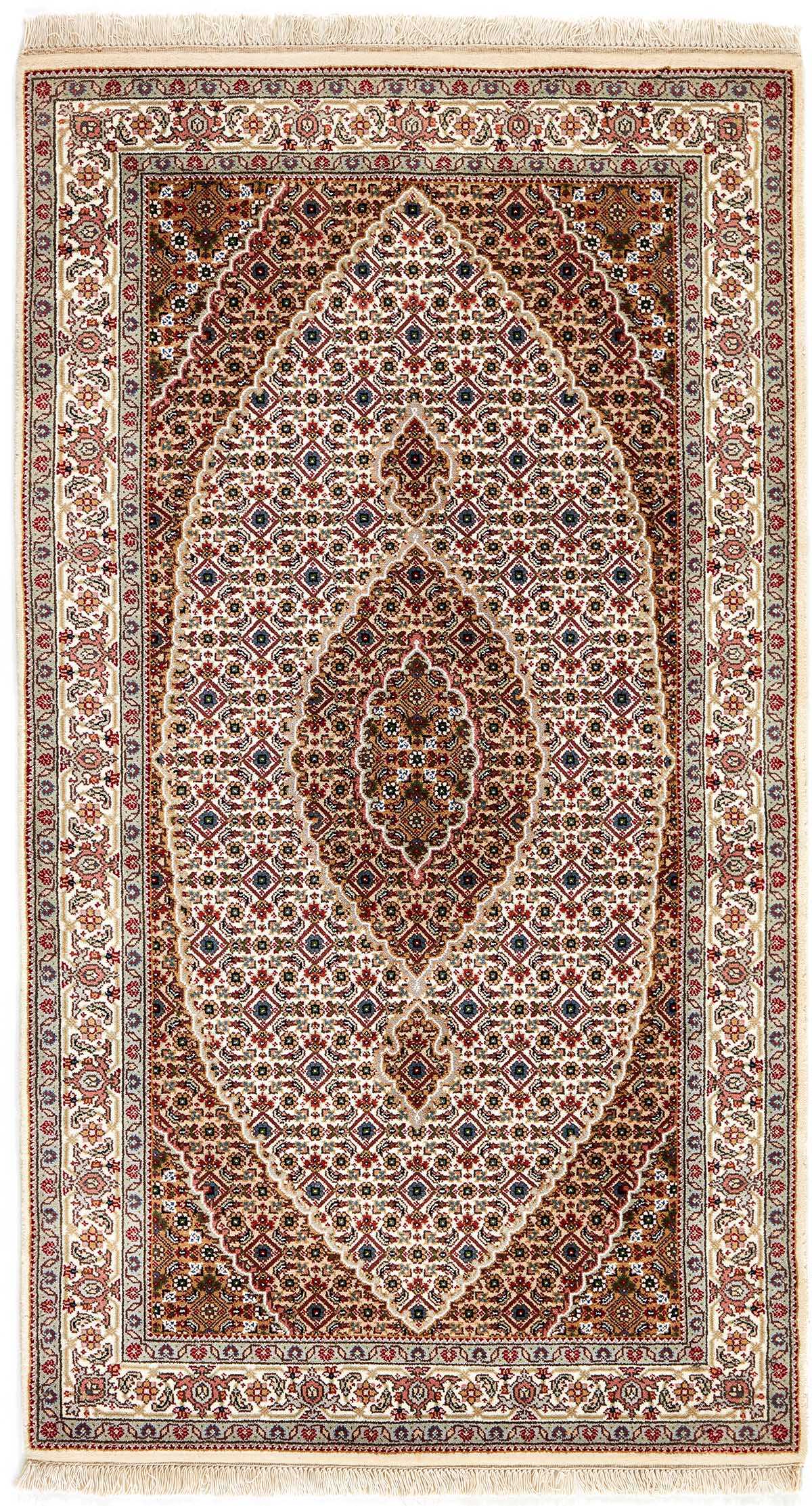 Authentic Oriental rug with traditional geometric and floral design in red, grey, black and beige.