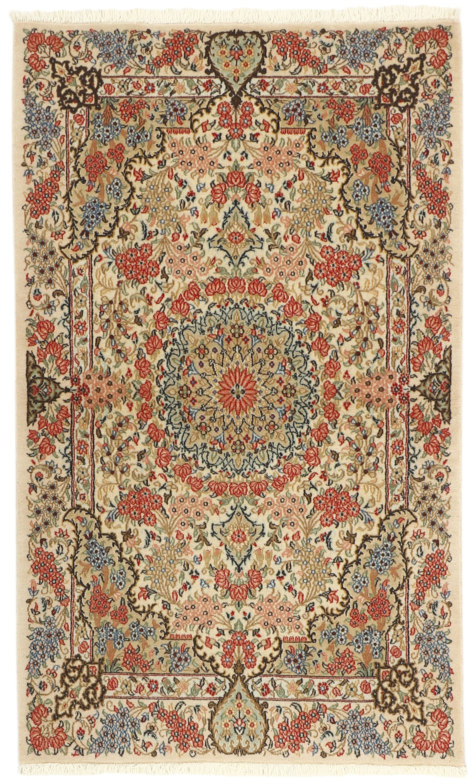 Authentic persian rug with a traditional floral design in red, blue, green, beige, brown and black