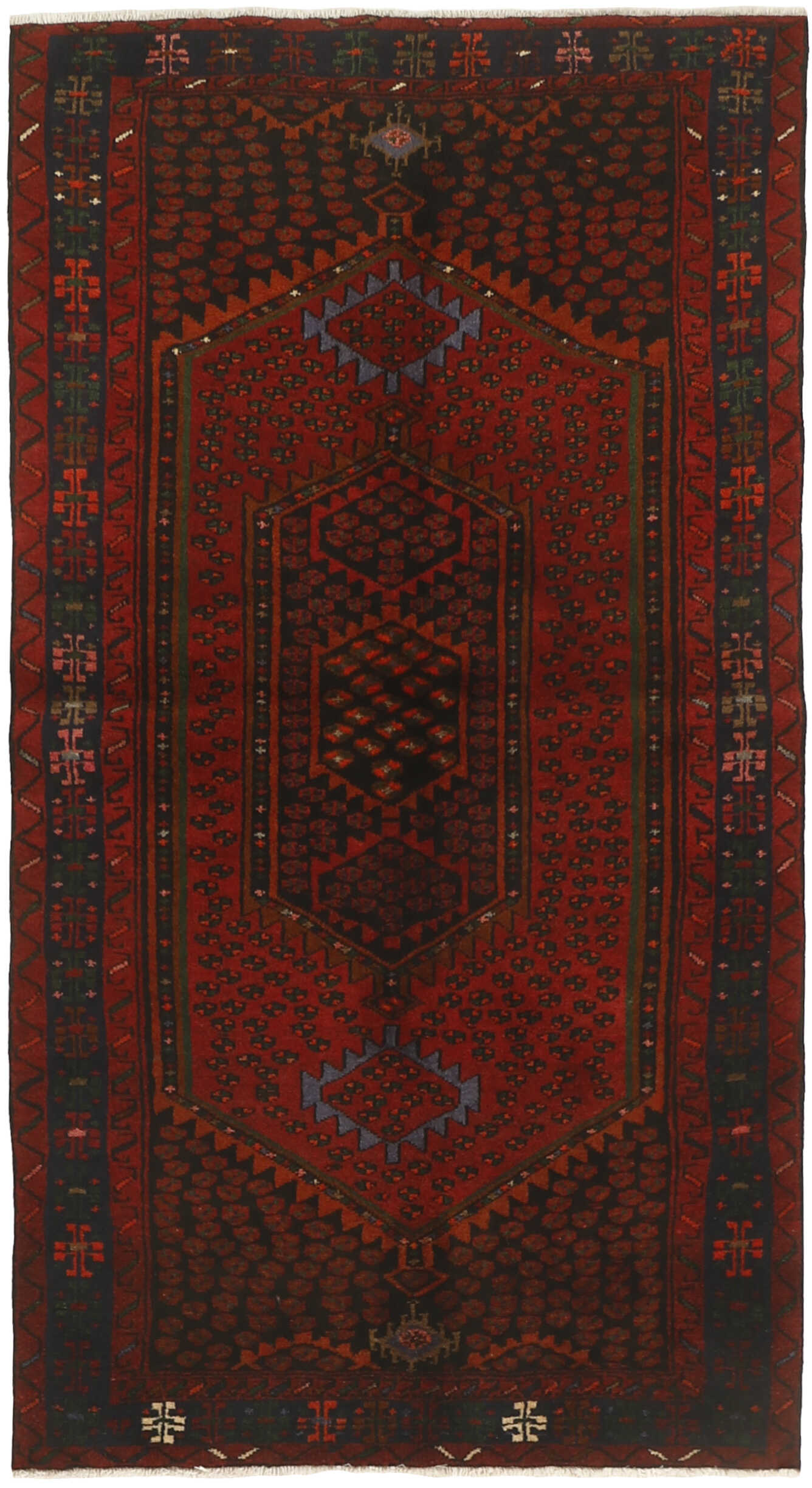 Authentic persian rug with stylised geometric design in red