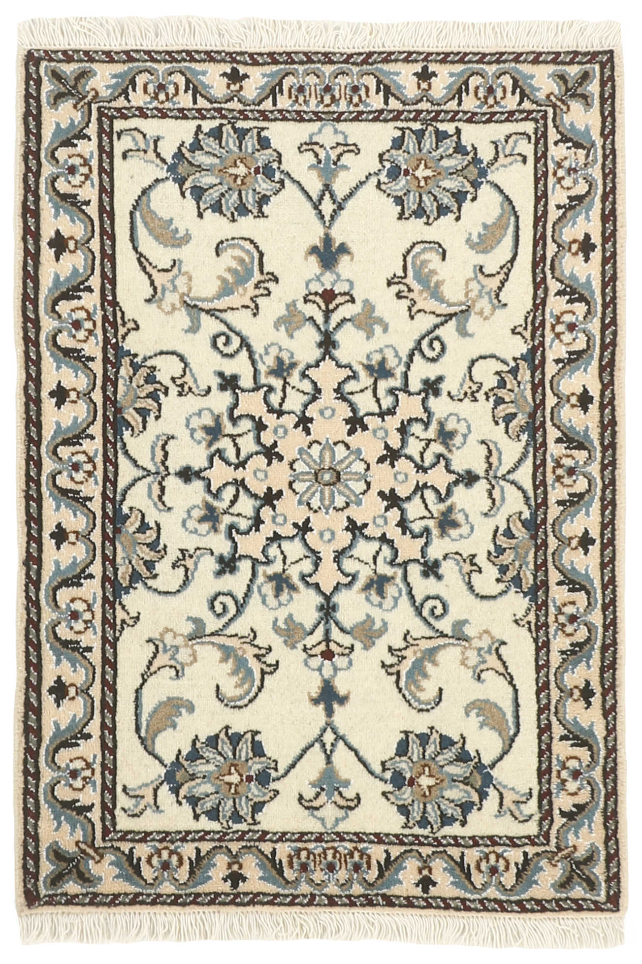 Authentic persian rug with a traditional floral design in cream and blue