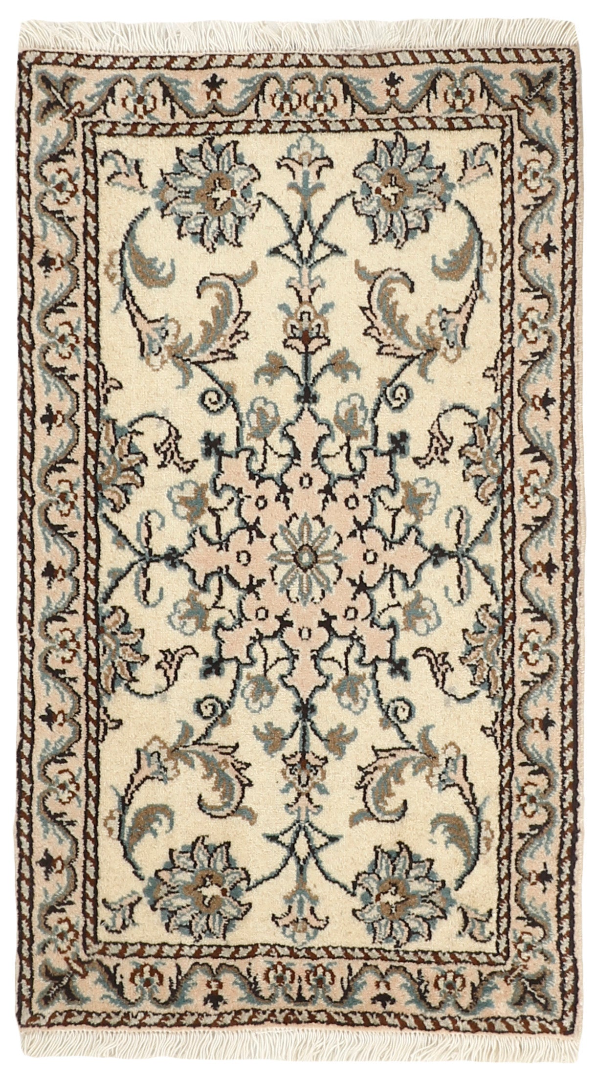 Authentic persian rug with a traditional floral design in cream and blue