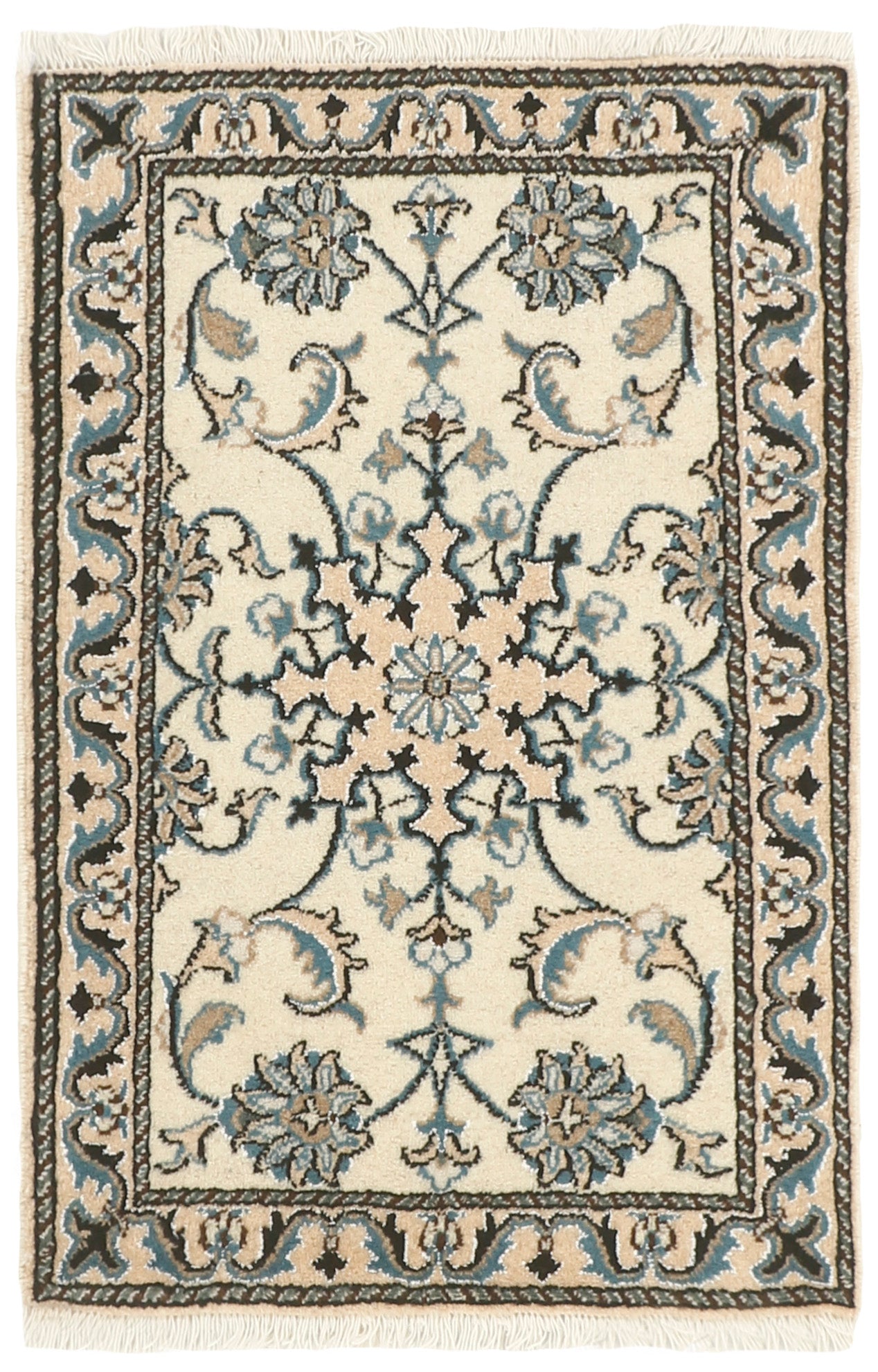 Authentic persian rug with a traditional floral design in cream and blue