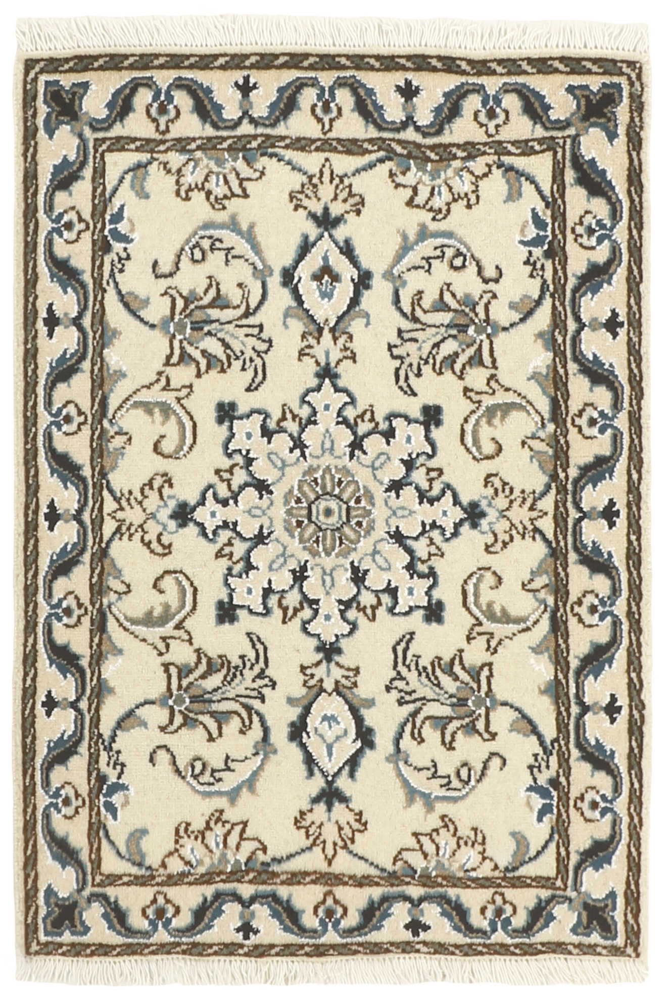 Authentic persian rug with a traditional floral design in cream and blue